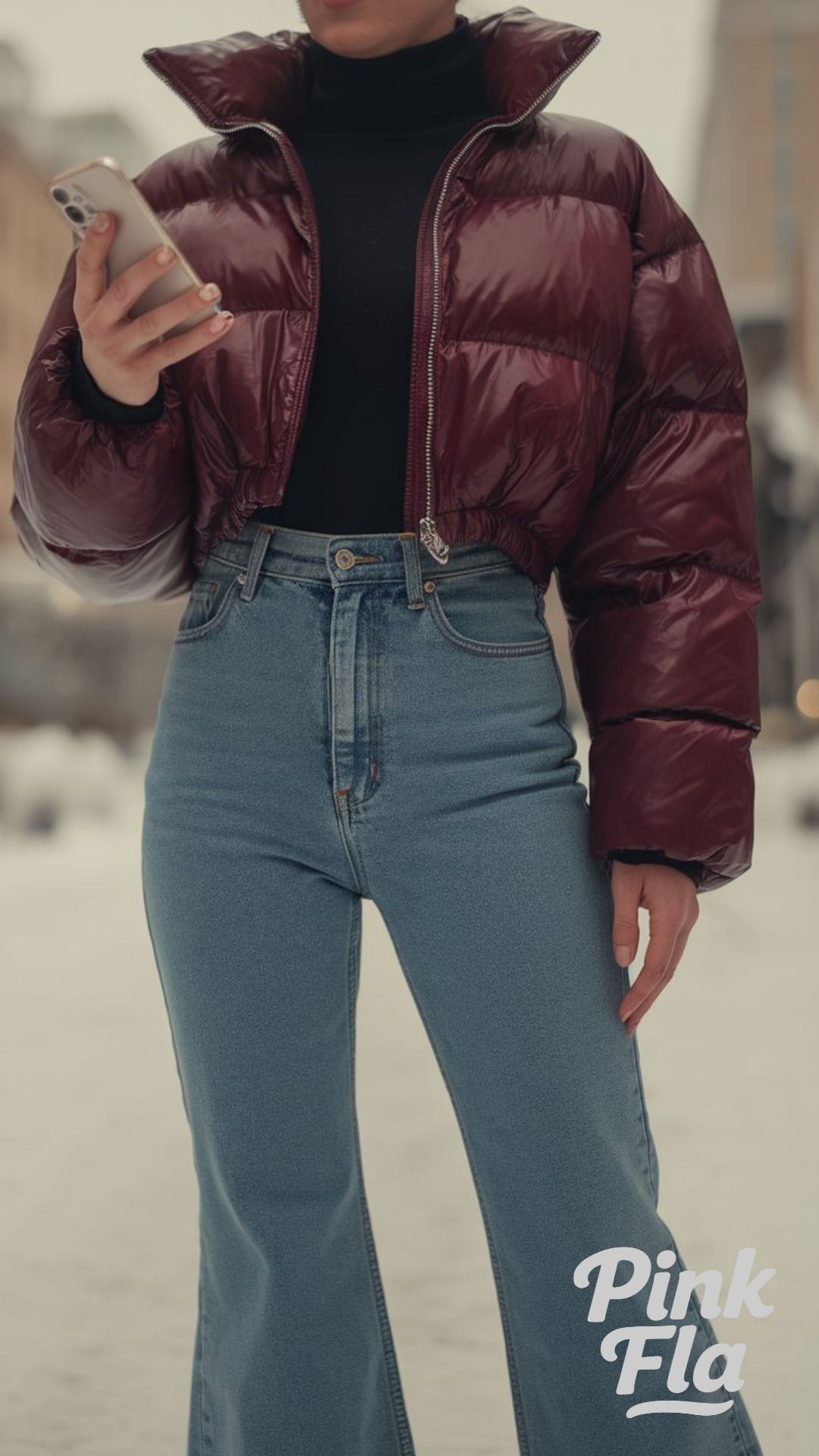 Bold in Burgundy: Flare Jeans With Cropped Puffer and Turtleneck - Winter Outfits with Flare Jeans