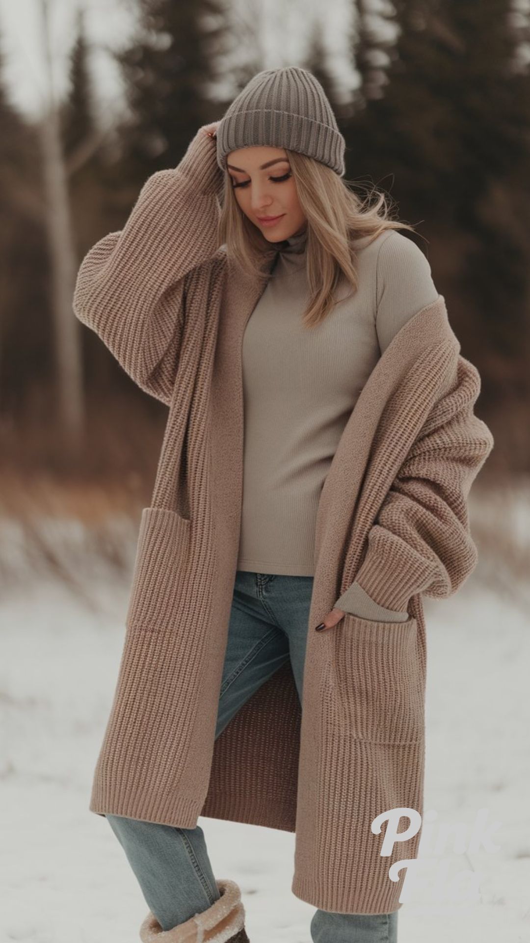 Casual Winter Comfort with Knit Layers and Beanie - Simple Winter Outfits with Jeans