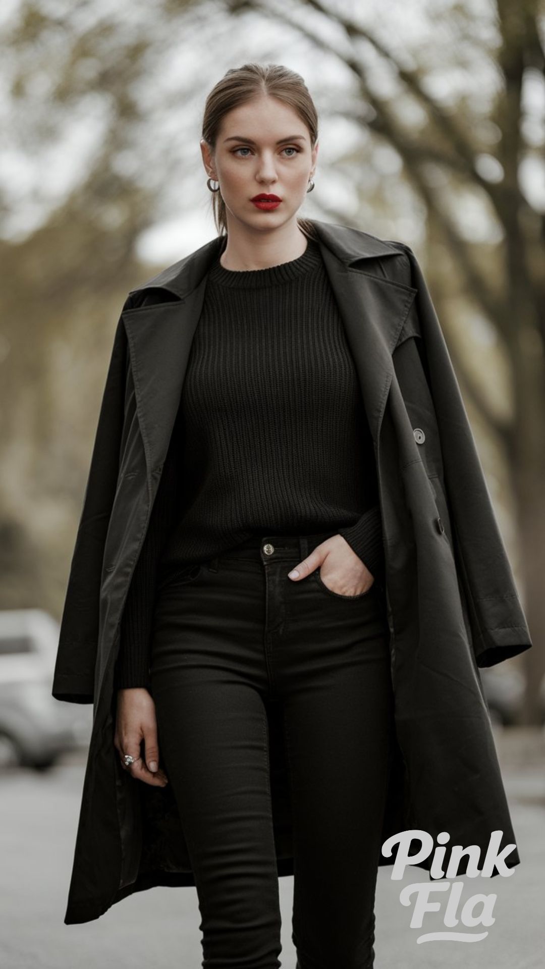 Chic All-Black Winter Outfit with a Pop of Red - Simple Winter Outfits with Jeans