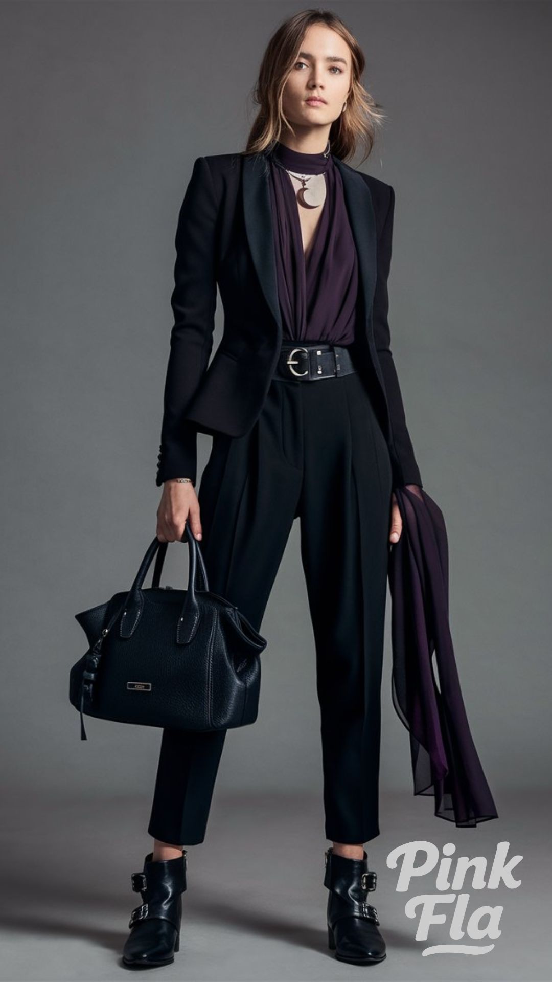 Chic Black Suit with Moon Necklace - Witchy Outfits