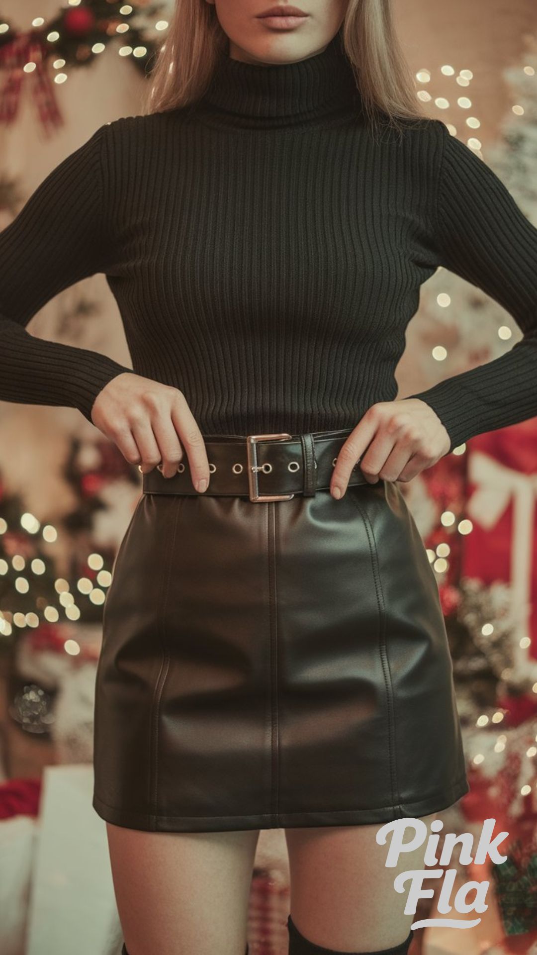 Chic Black Turtleneck and Leather Mini Skirt Combo - 90s Christmas Party Outfits