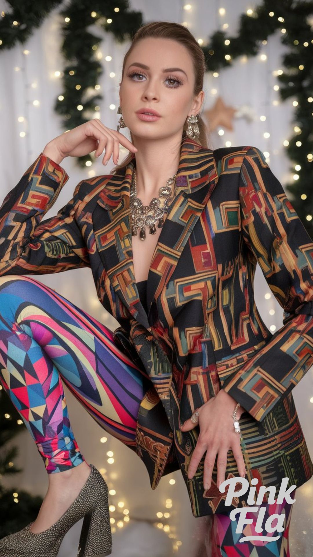 Colorful Geometric Blazer with Vibrant Leggings - Christmas 80s Outfits Ideas