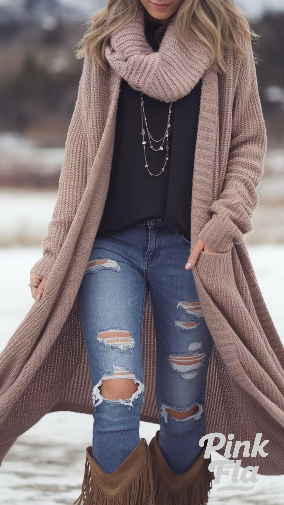 Cozy Layers with Ripped Denim and Fringe Boots - Simple Winter Outfits with Jeans
