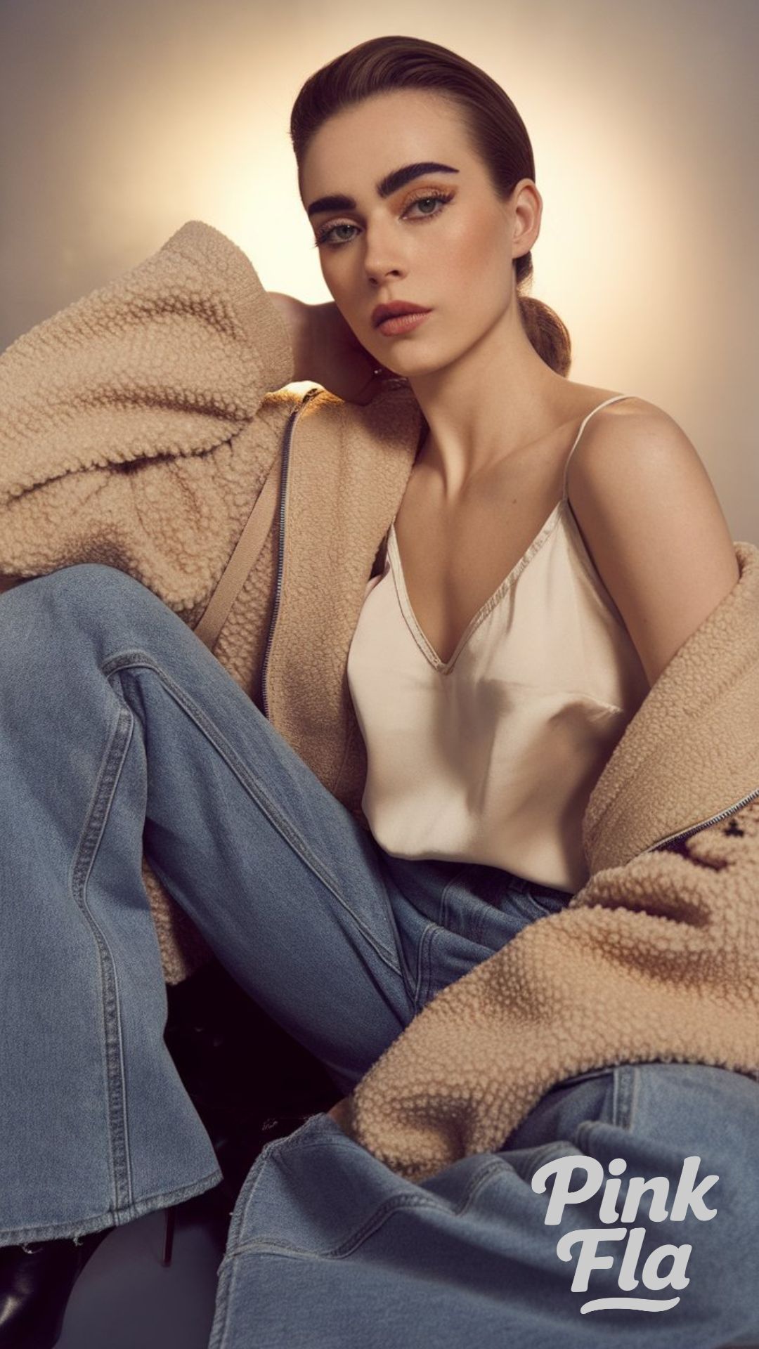 Cozy Sophistication: Flare Jeans With Teddy Coat and Satin Camisole - Winter Outfits with Flare Jeans