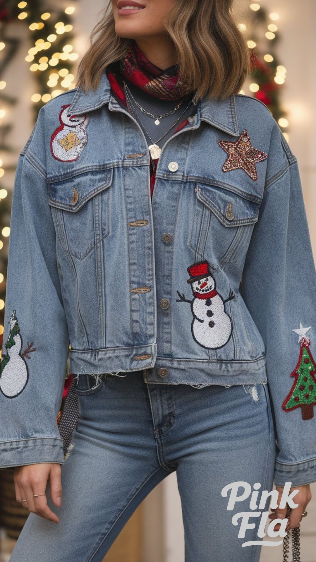 Cropped Embroidered Denim Jacket with Holiday Charm - Christmas 80s Outfits Ideas