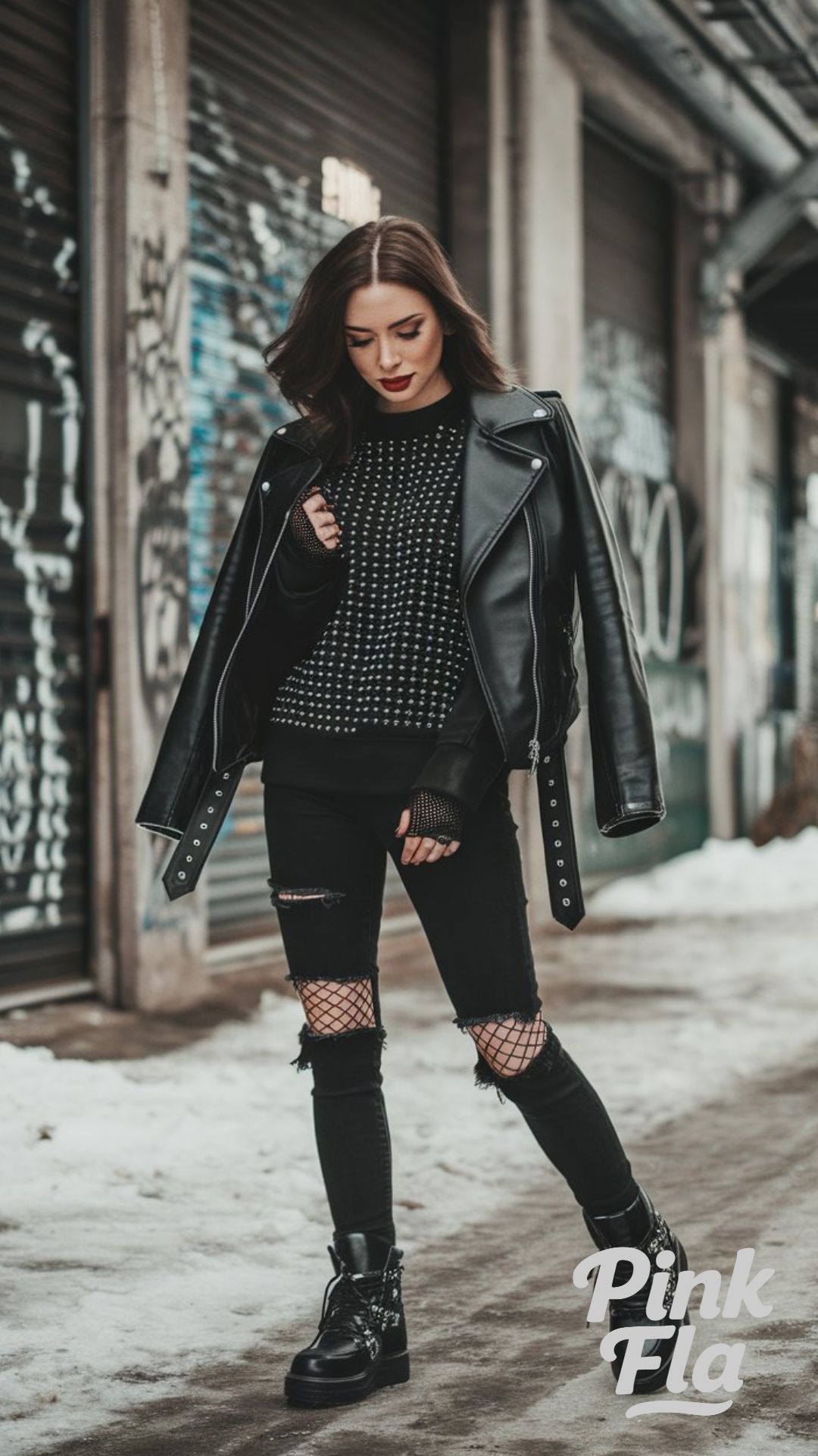 Edgy Winter Streetwear with a Leather Jacket - Moon Boots Outfits for Winter