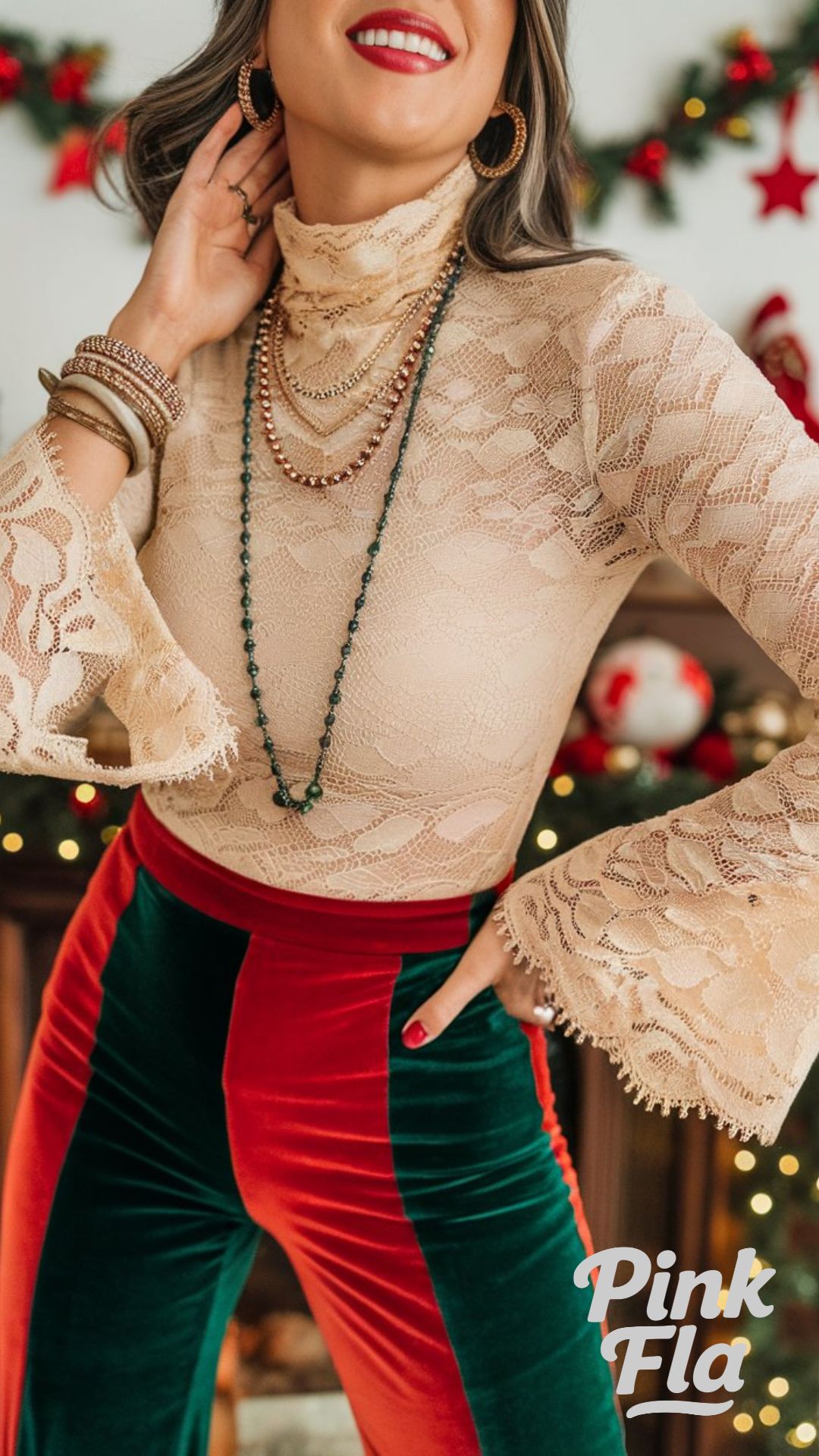 Elegant Lace Bell-Sleeve Blouse with Velvet Statement Trousers - Christmas 80s Outfits Ideas