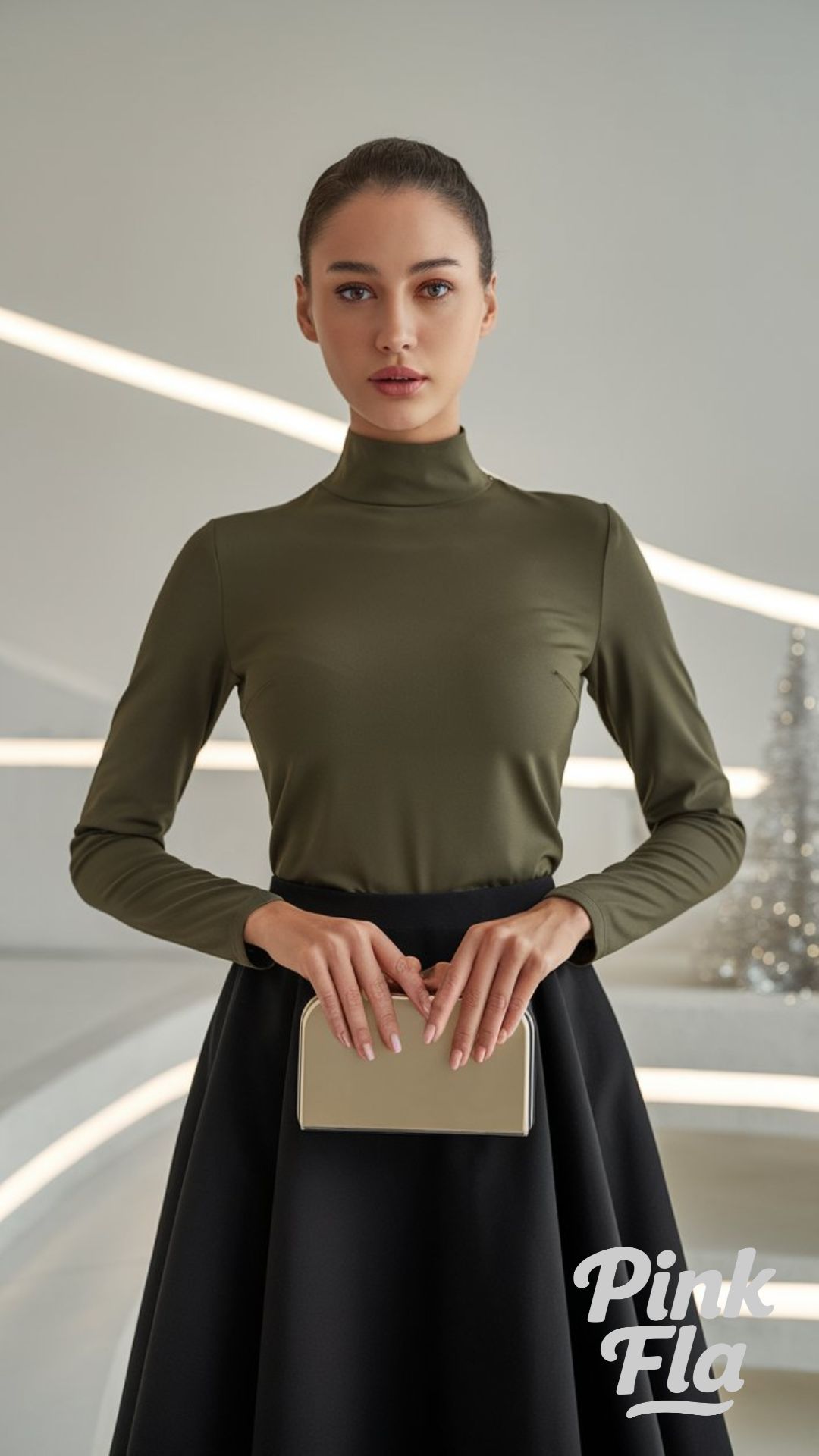 Elegant Olive Green High-Neck Top with Flared Skirt - Christmas Outfits with Green Top
