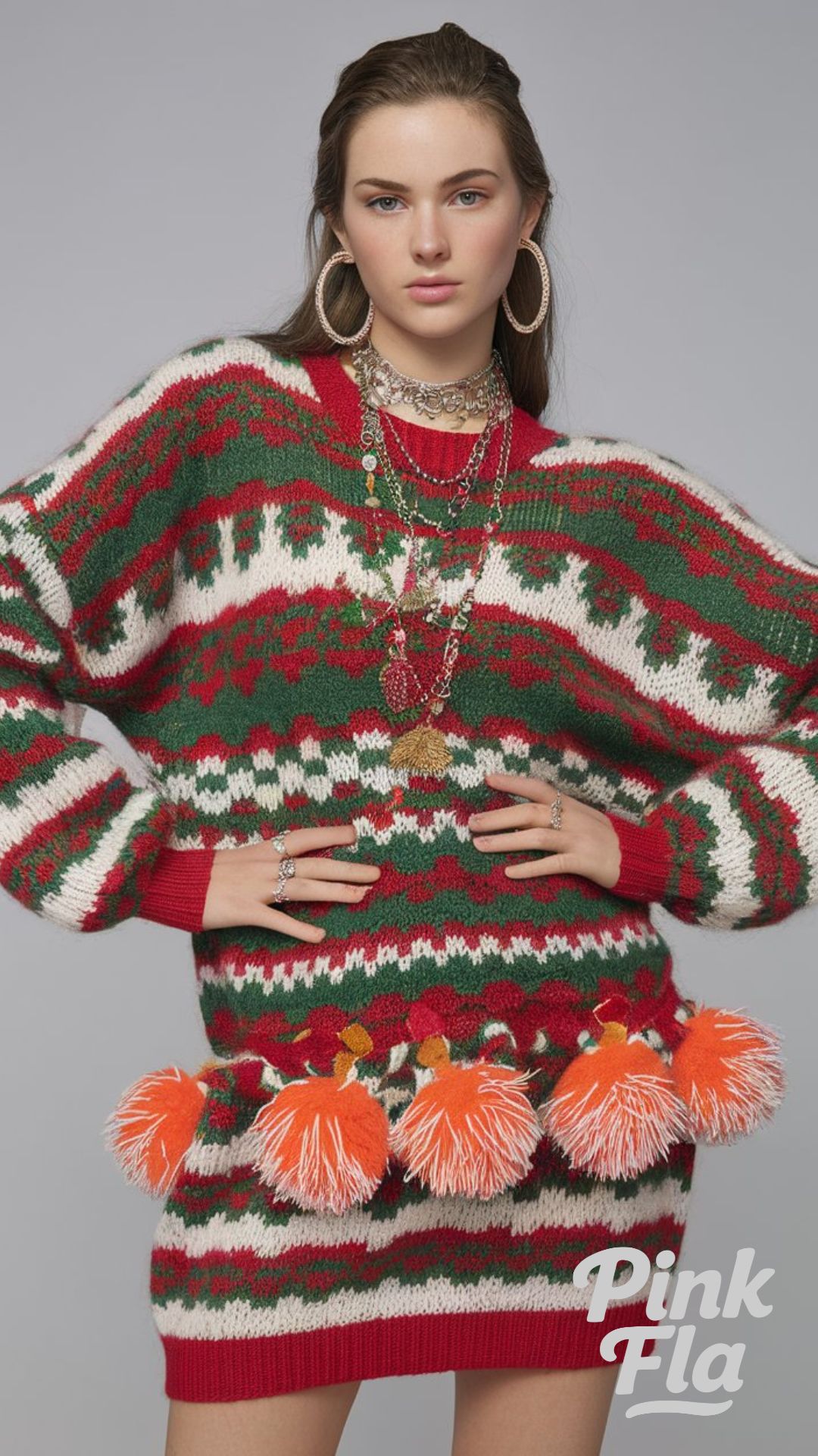 Festive Pom-Pom Sweater Dress with Holiday Flair - 90s Christmas Party Outfits