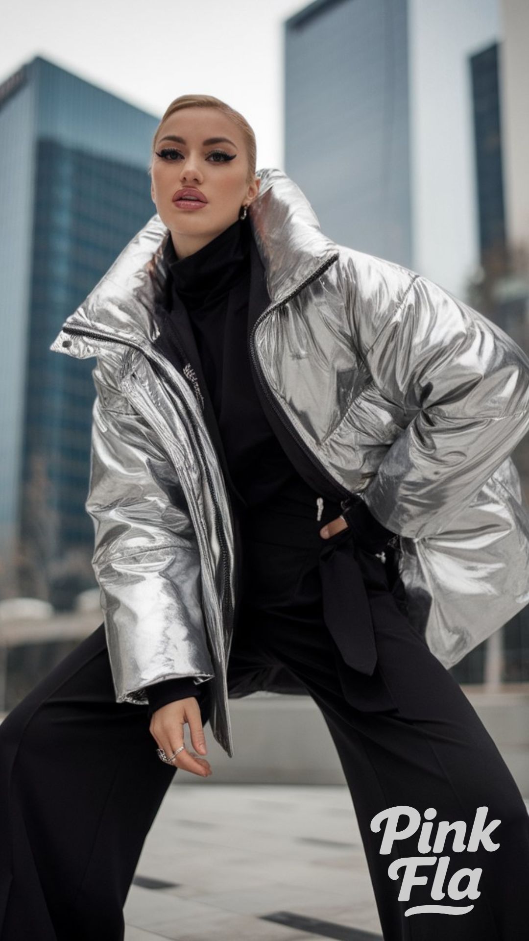 Futuristic Chic in a Silver Puffer with Black Wide-Leg Trousers - Winter Outfits with Puffer Jacket