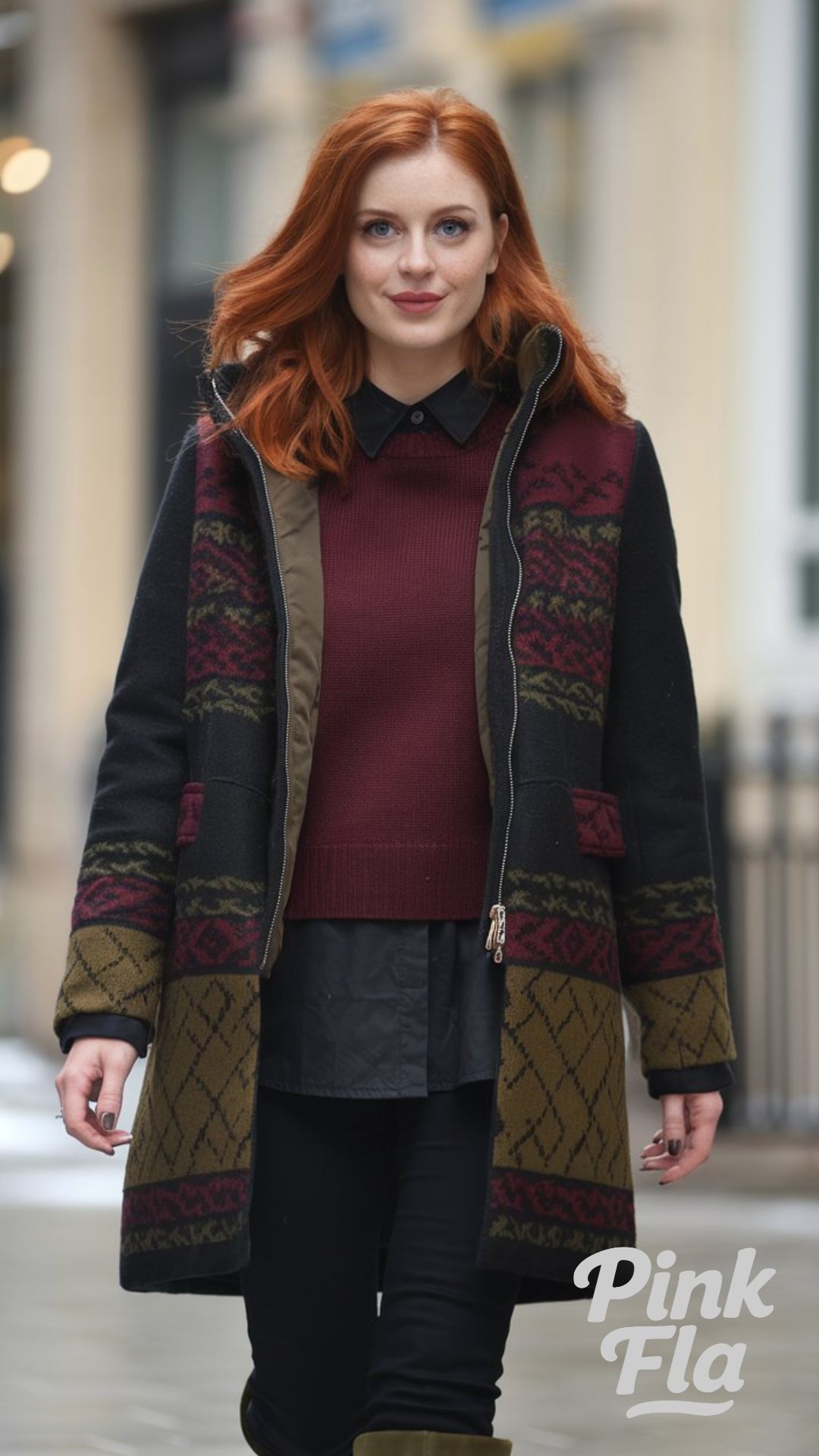 Layered Warmth with a Statement Patterned Coat - Winter Outfits for Women with Red Hair