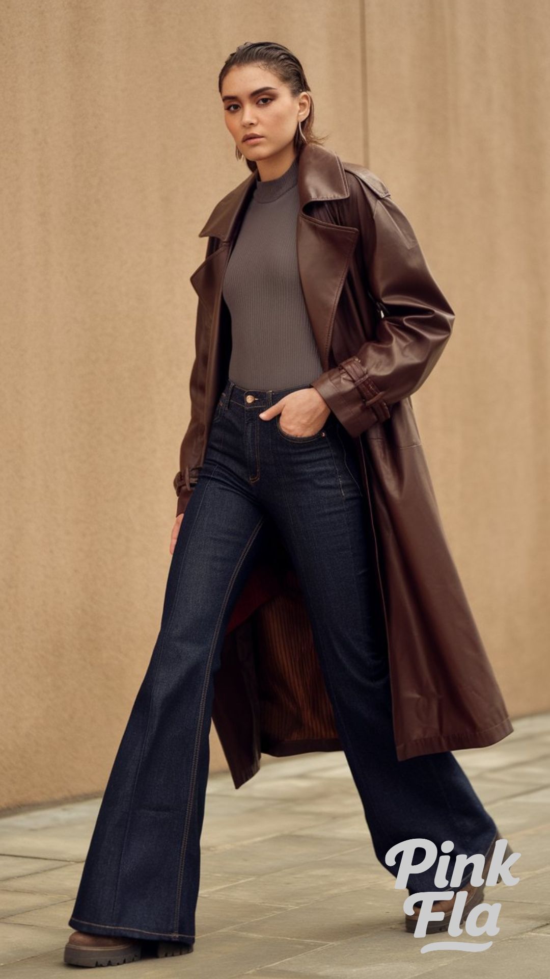 Modern Edge: Dark Flare Jeans With a Leather Trench - Winter Outfits with Flare Jeans