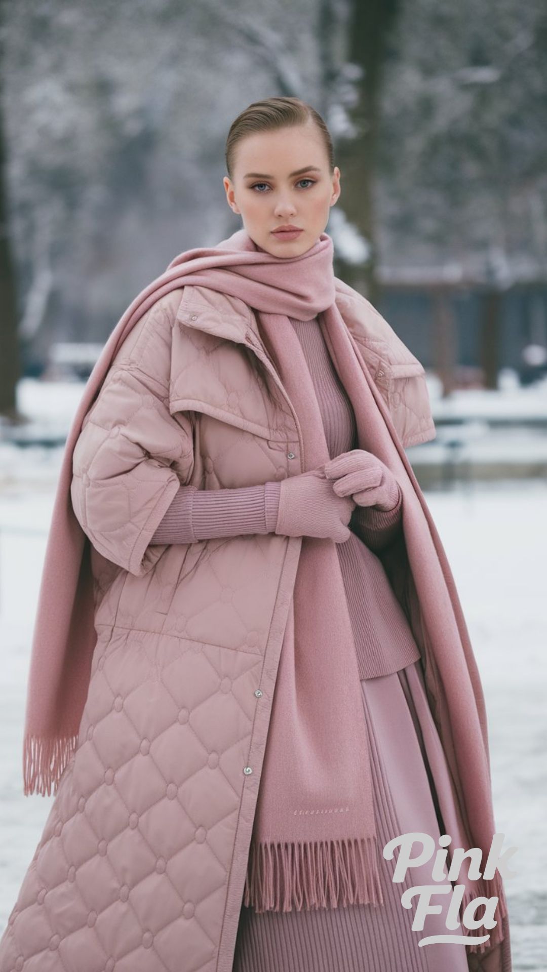 Monochrome Elegance with a Blush Pink Quilted Coat and Coordinated Knitwear - Winter Outfits with Puffer Jacket