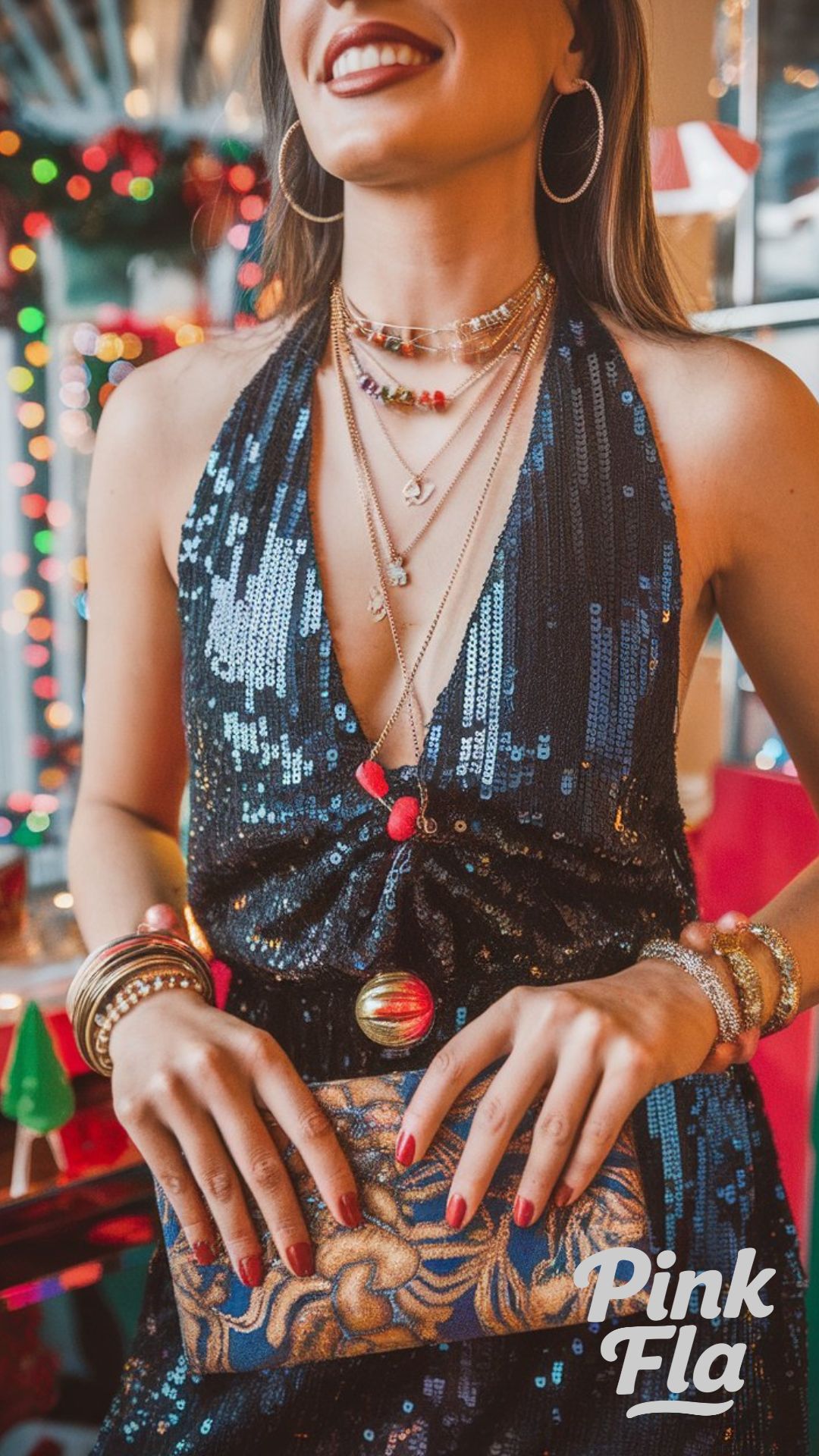 Navy Sequin Halter Dress with Glam Accessories - Christmas 80s Outfits Ideas