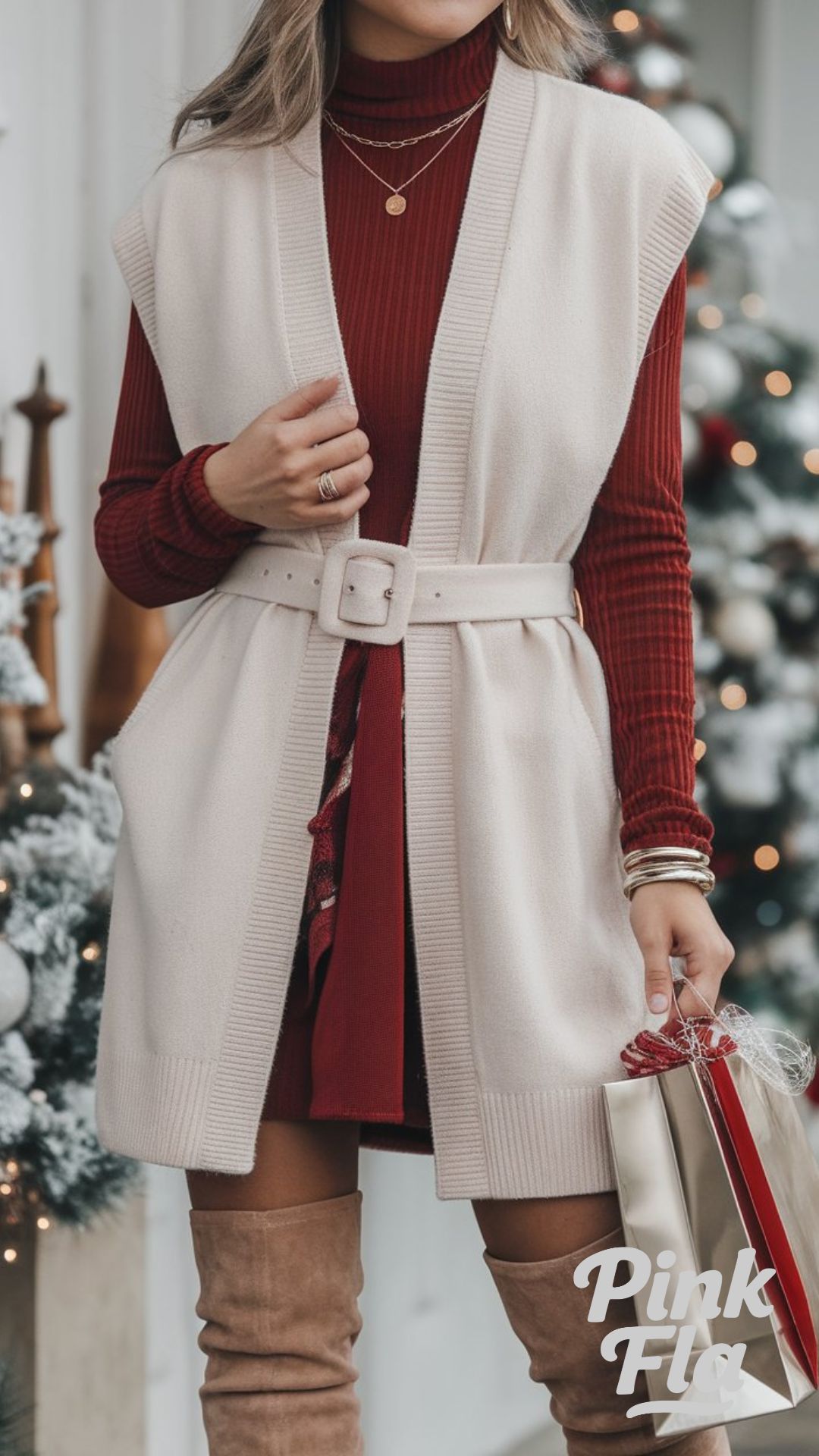 Neutrals With a Twist: Belted Holiday Elegance - Christmas Outfits with a Vest