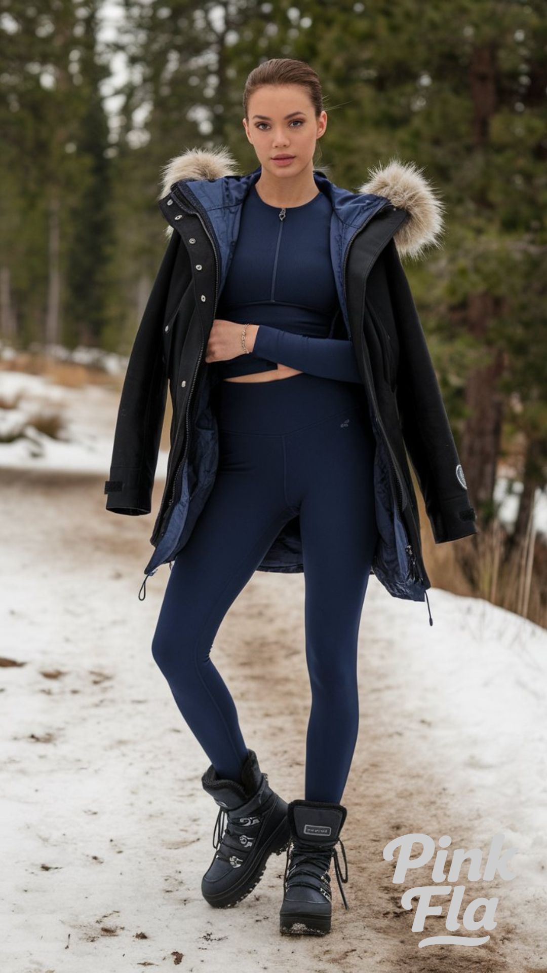 Outdoor Winter Workout Outfit with a Warm Parka - Moon Boots Outfits for Winter