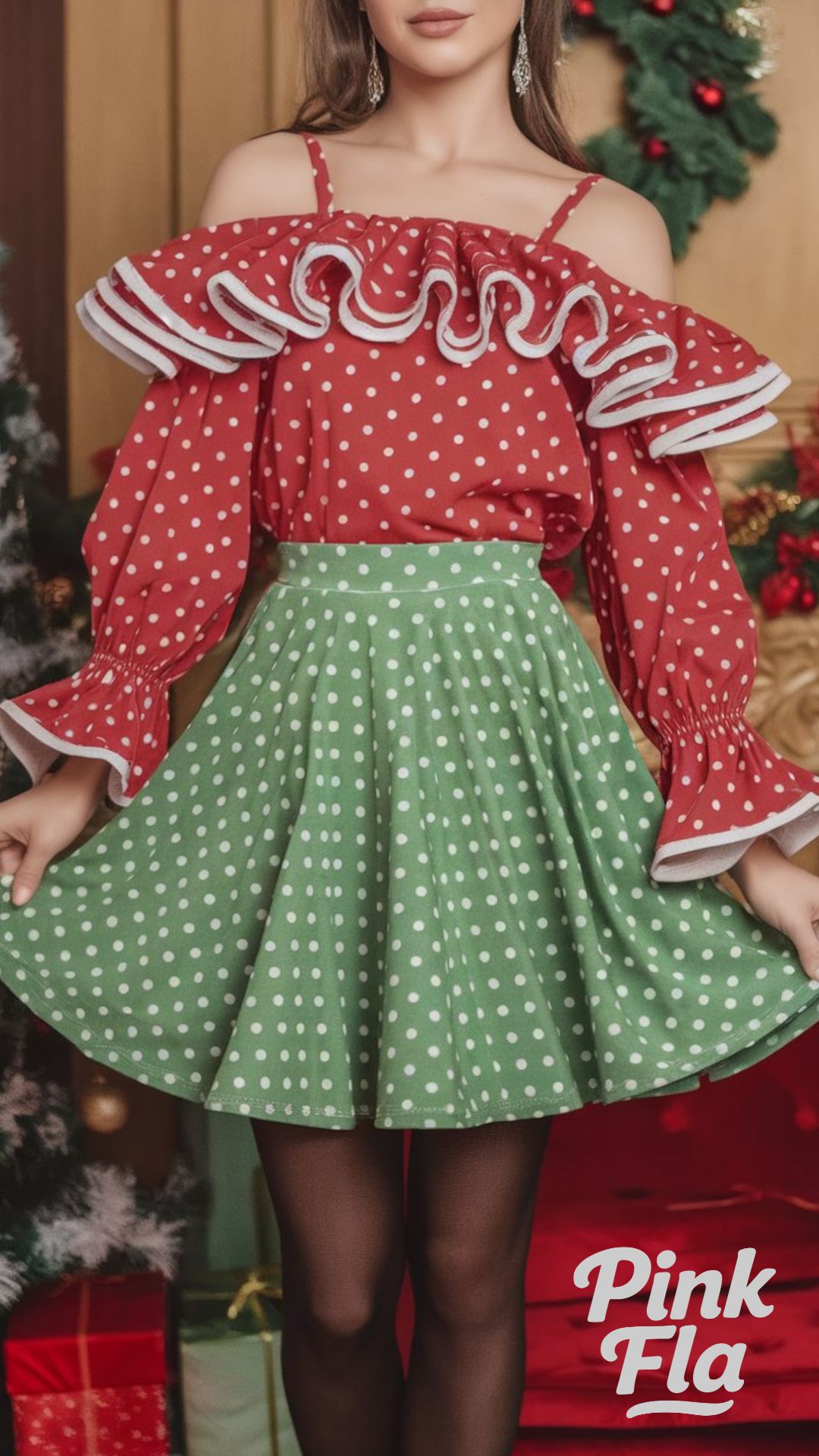 Playful Polka Dot Ensemble in Holiday Colors - Christmas 80s Outfits Ideas
