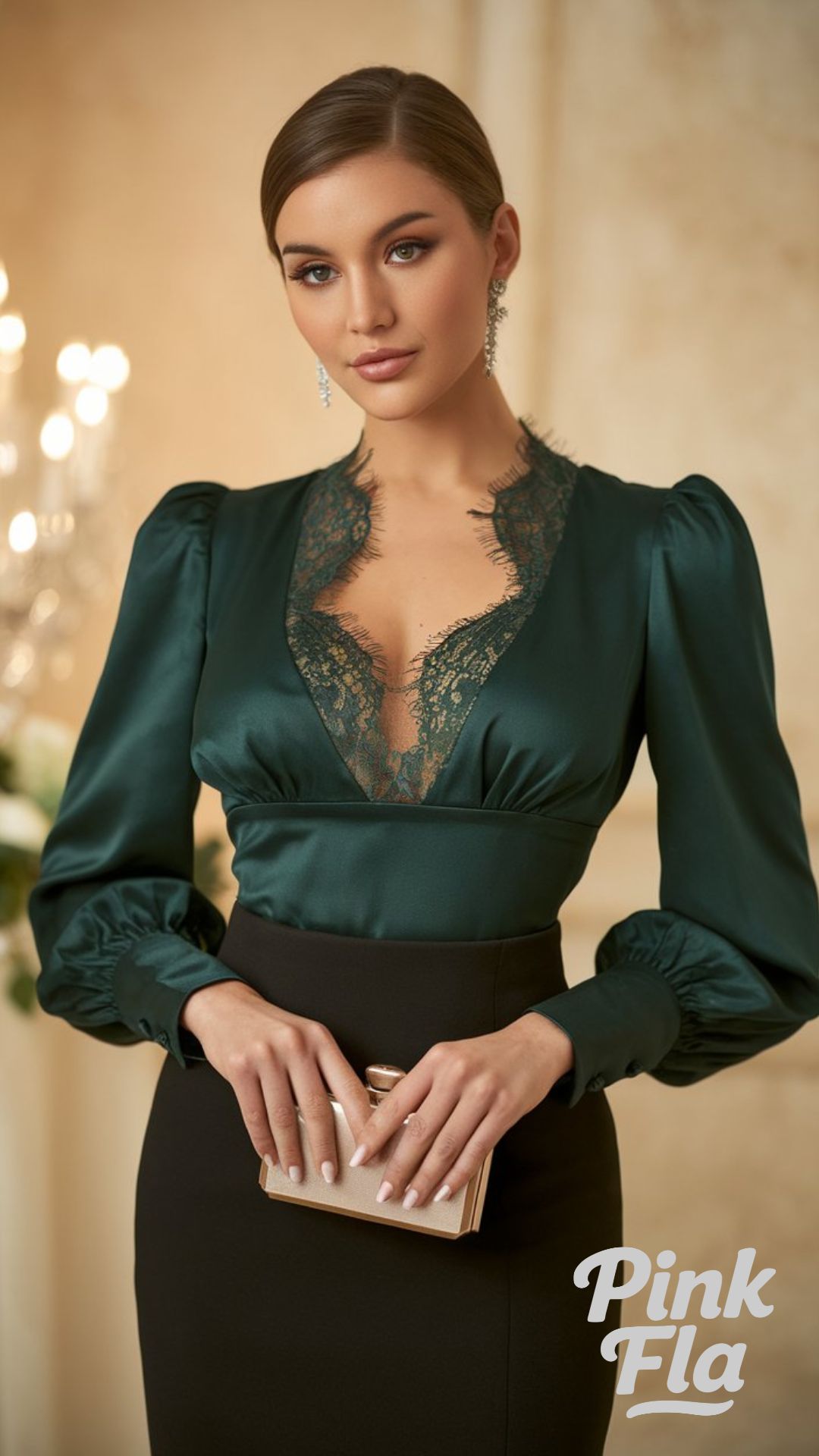 Refined Elegance: Green Satin Top with Lace and Pencil Skirt - Christmas Outfits with Green Top