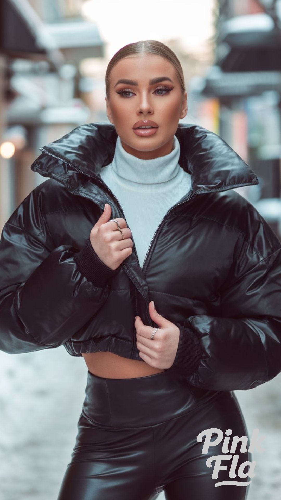Sleek Monochrome Street Style with a Black Cropped Puffer - Winter Outfits with Puffer Jacket