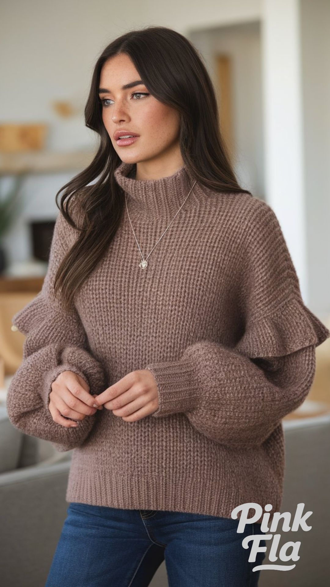 Soft Taupe Sweater with Ruffled Sleeves - 90s Christmas Party Outfits