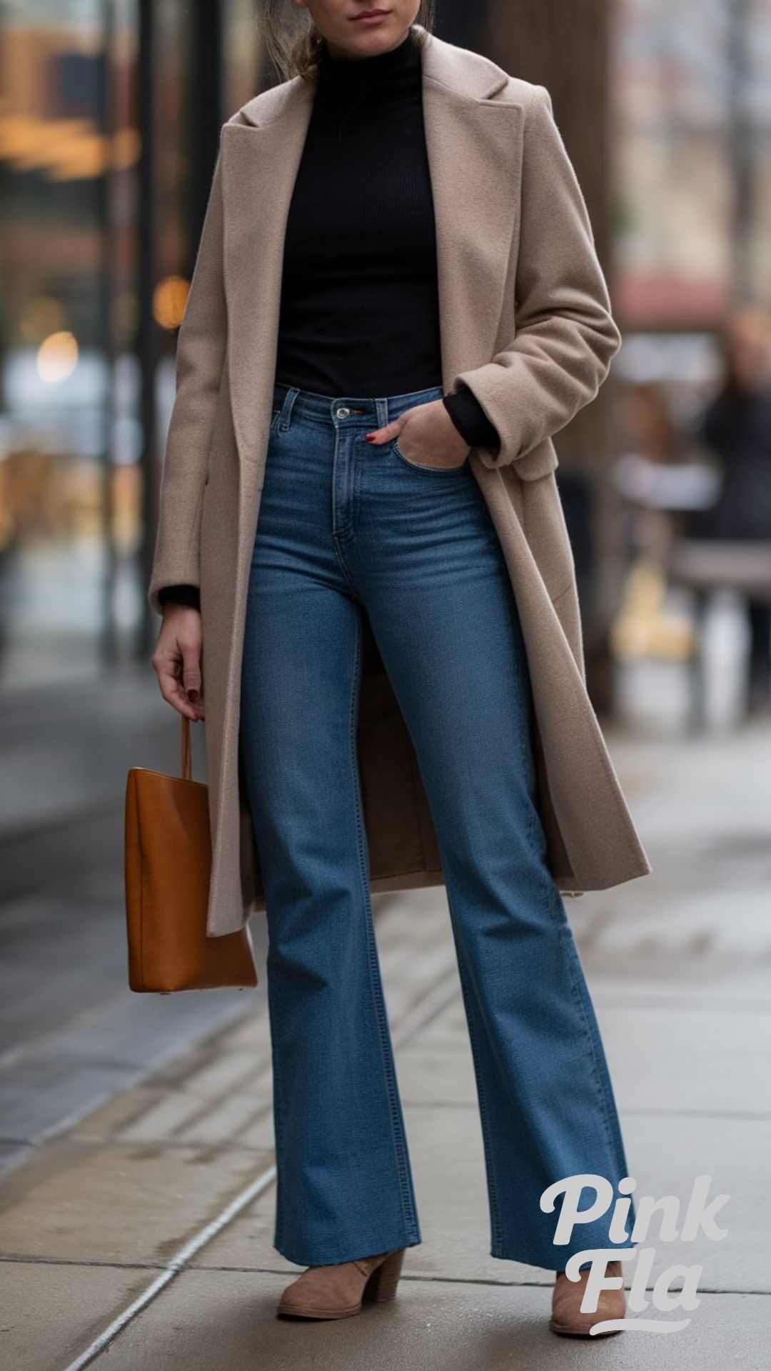 Timeless Chic: Flare Jeans With Camel Coat and Turtleneck - Winter Outfits with Flare Jeans