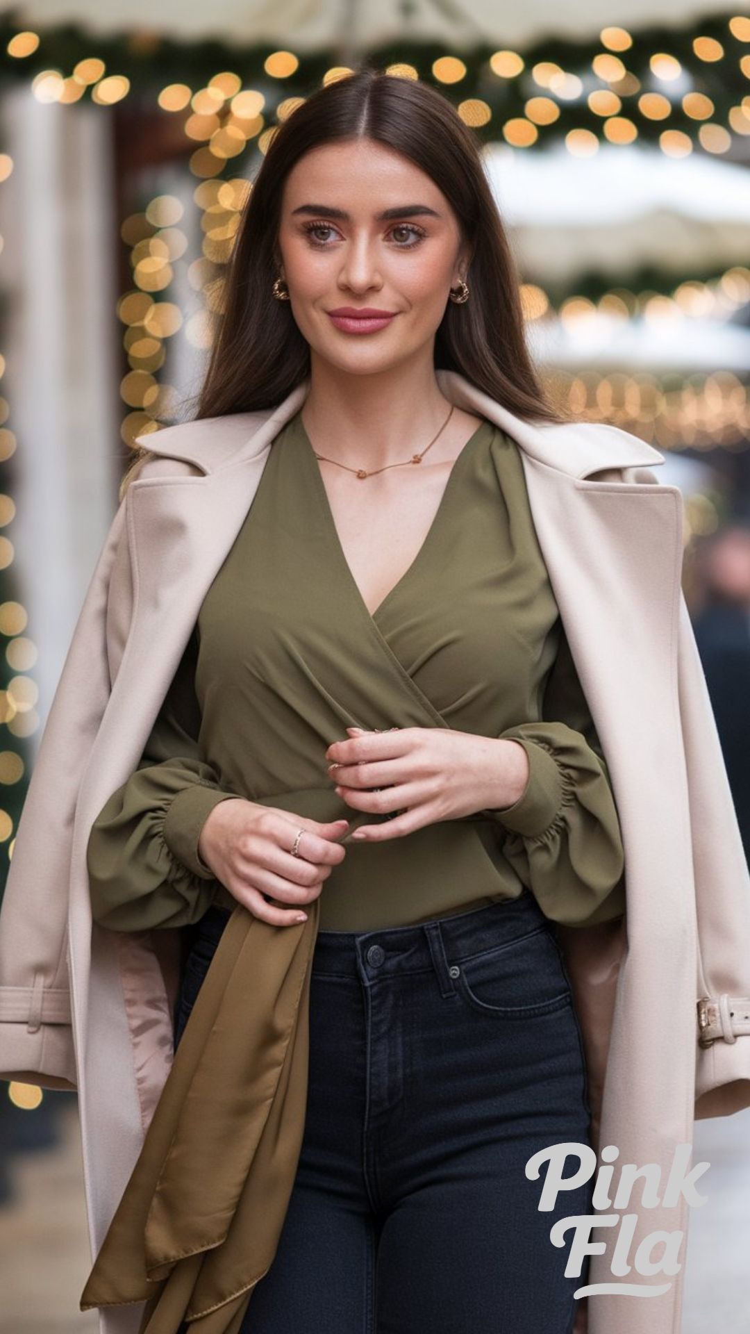 Understated Chic: Olive Green Wrap Top and Classic Neutrals - Christmas Outfits with Green Top