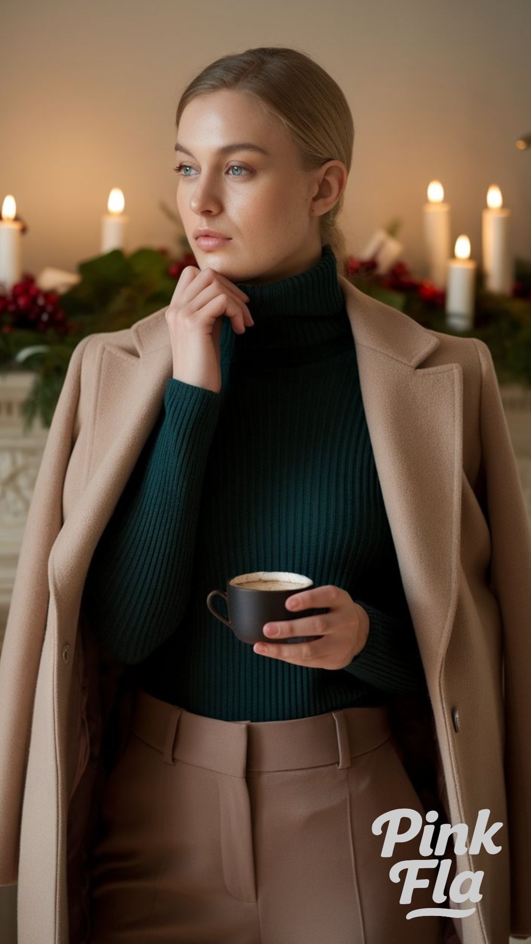Understated Winter Elegance: Forest Green Turtleneck and Neutrals - Christmas Outfits with Green Top