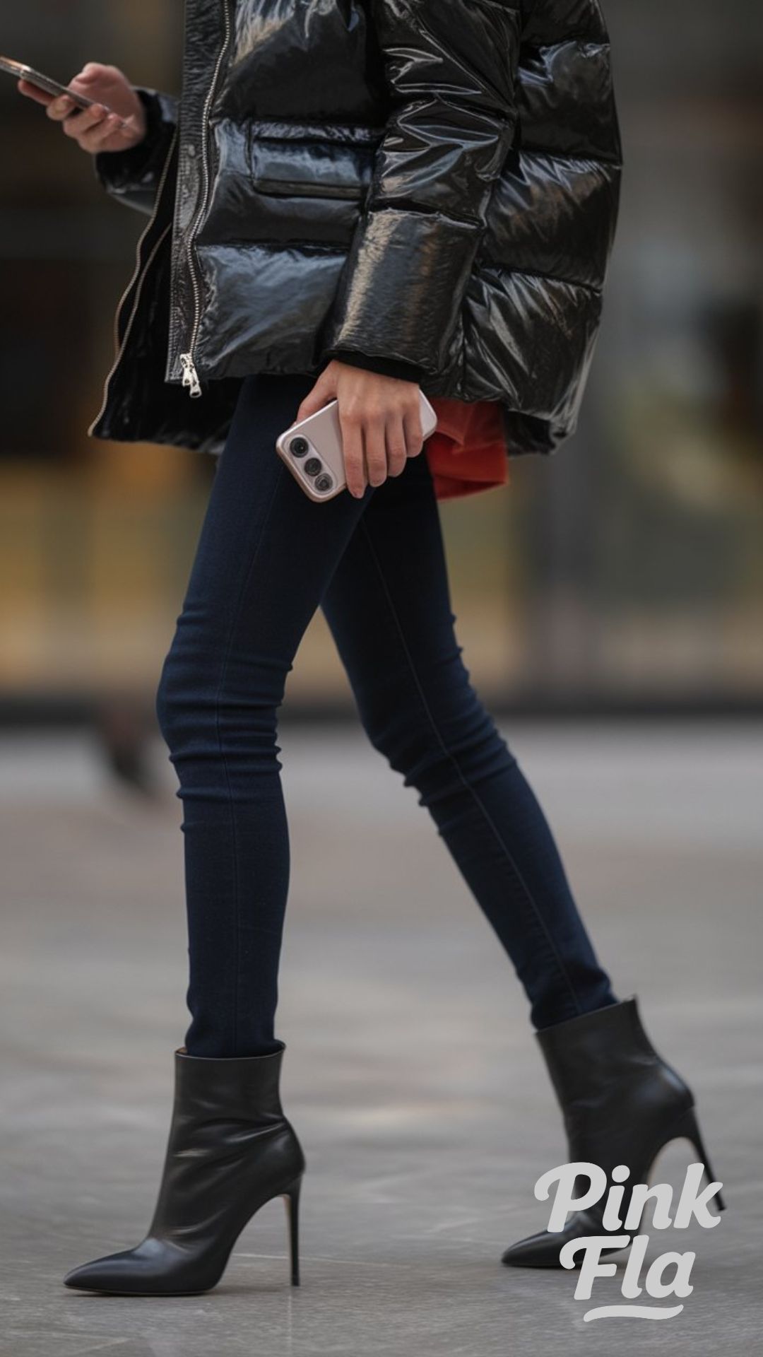 Urban Cool with a Glossy Puffer Jacket - Winter Outfits with Heels