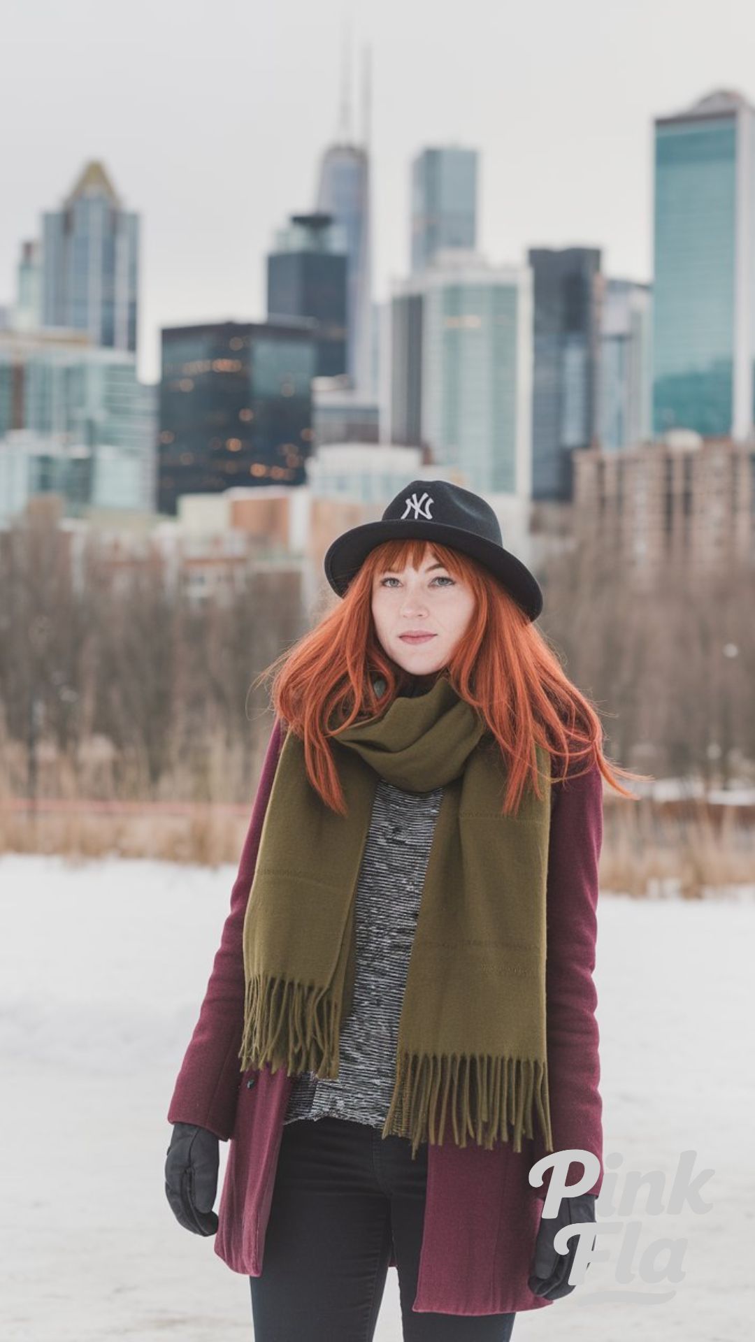 Urban Winter Style with Olive and Burgundy Accents - Winter Outfits for Women with Red Hair