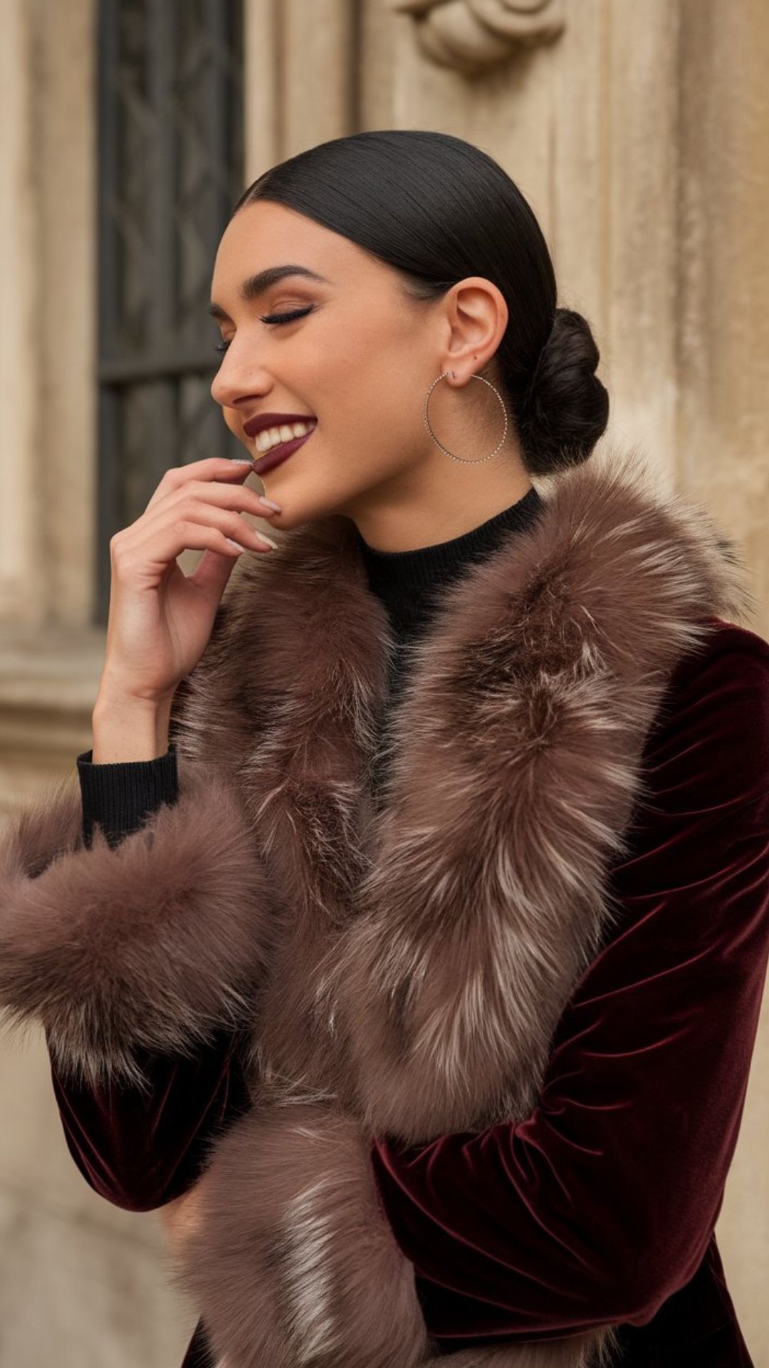 Velvet and Fur Trim Coat - Europe Winter Outfits
