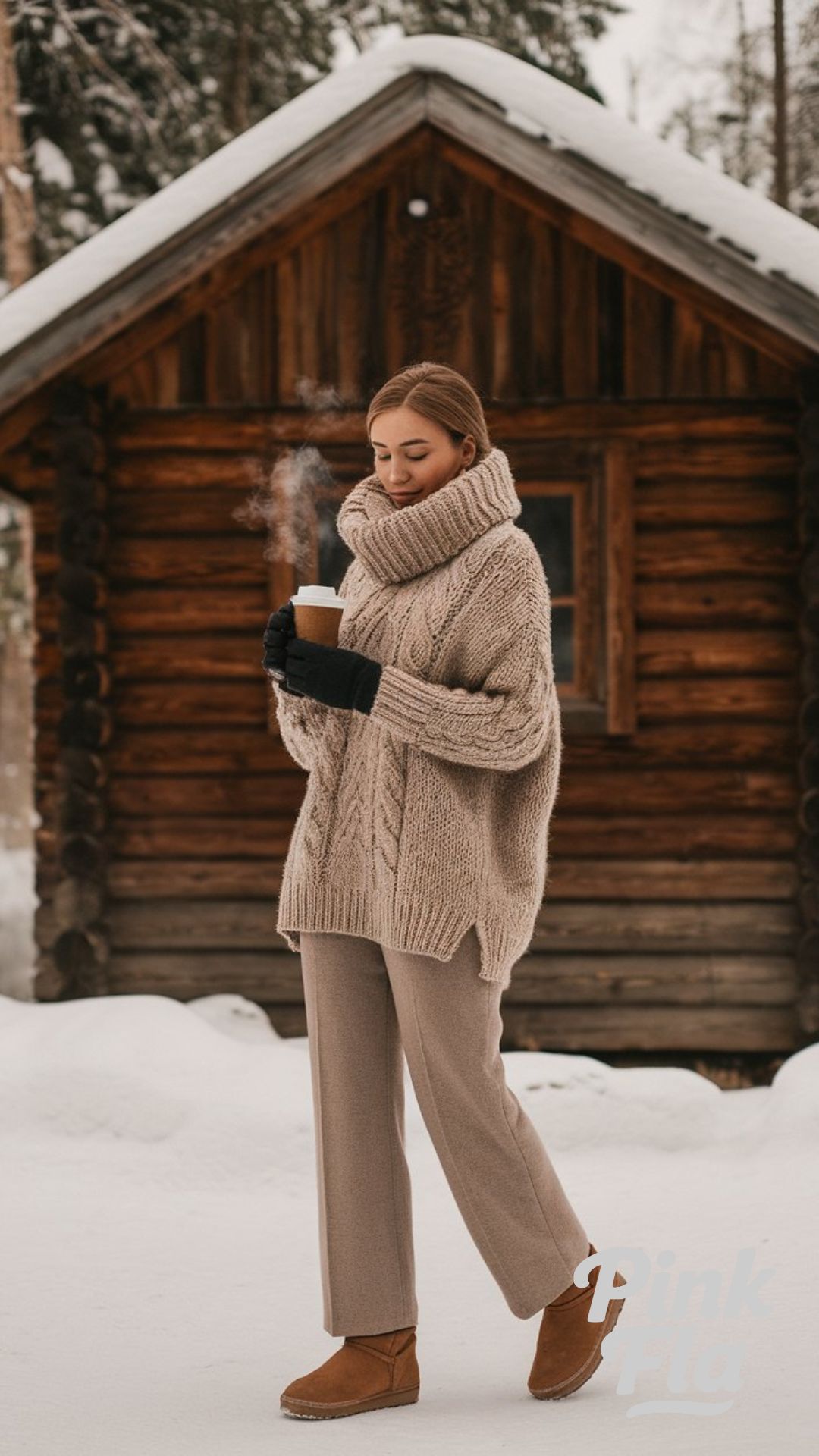 Warm and Relaxed Cabin Outfit with a Chunky Knit - Moon Boots Outfits for Winter