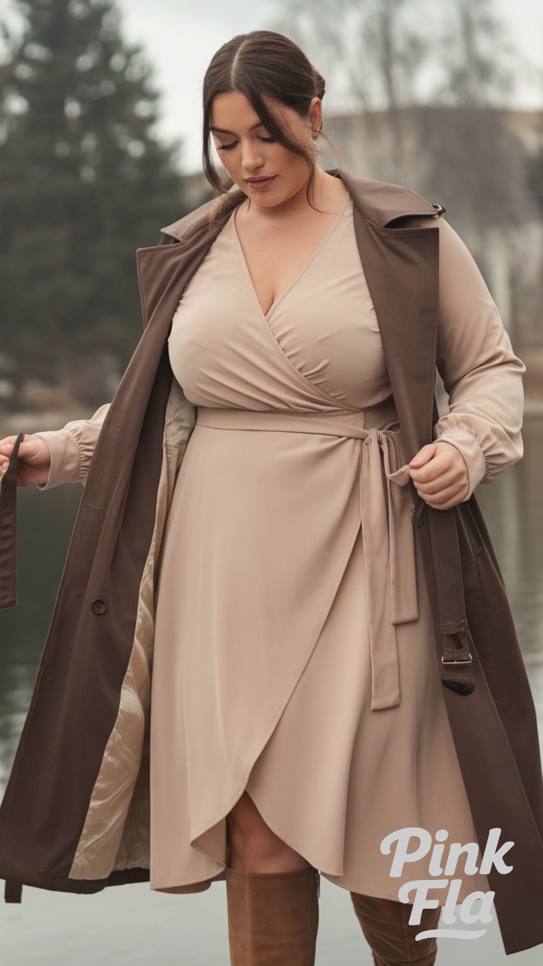 Beige Wrap Dress with Brown Coat - Plus Size Winter Outfits for Work