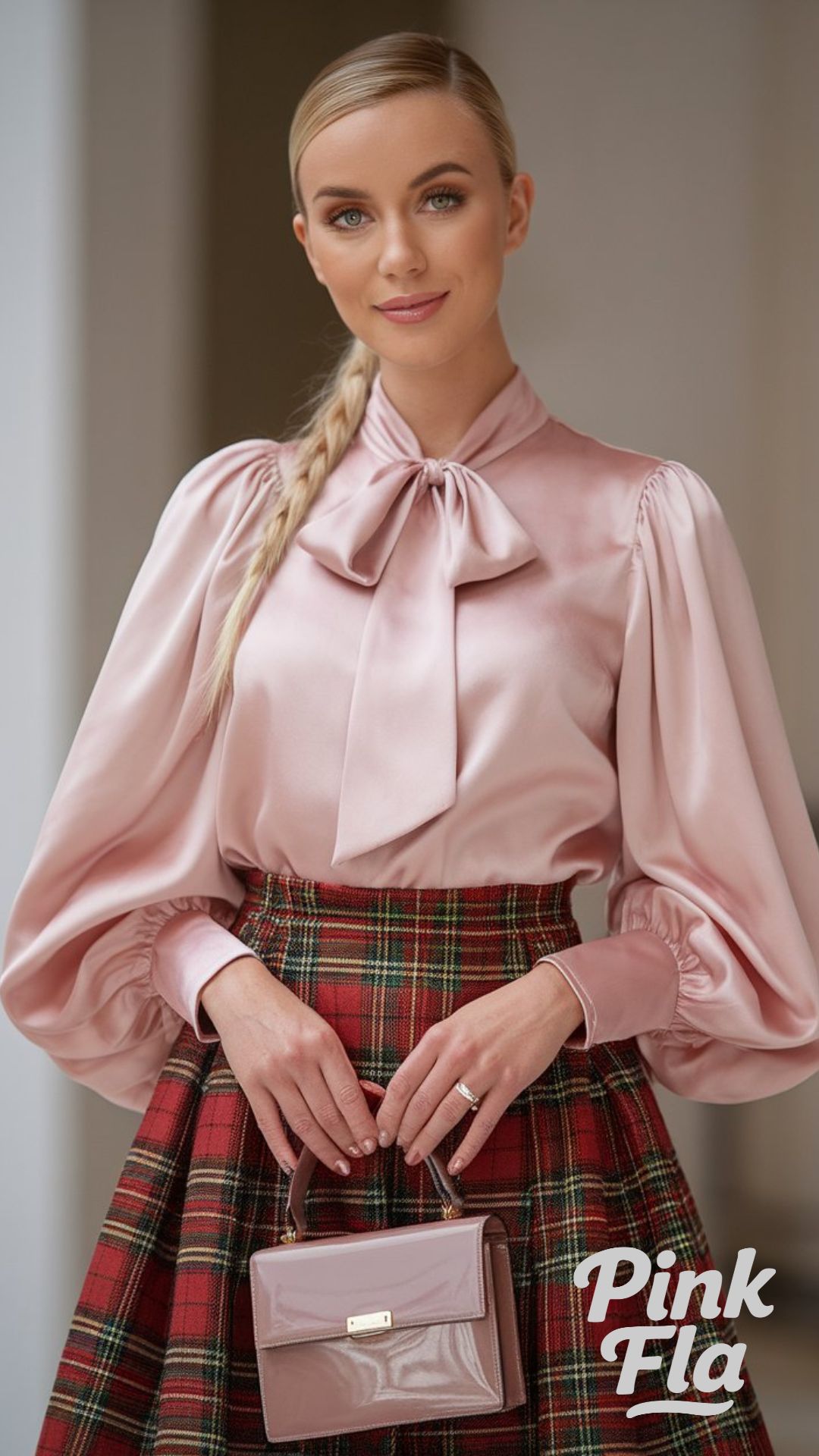 Blush Satin Blouse with a Classic Tartan Skirt - Christmas Outfits with a Skirt