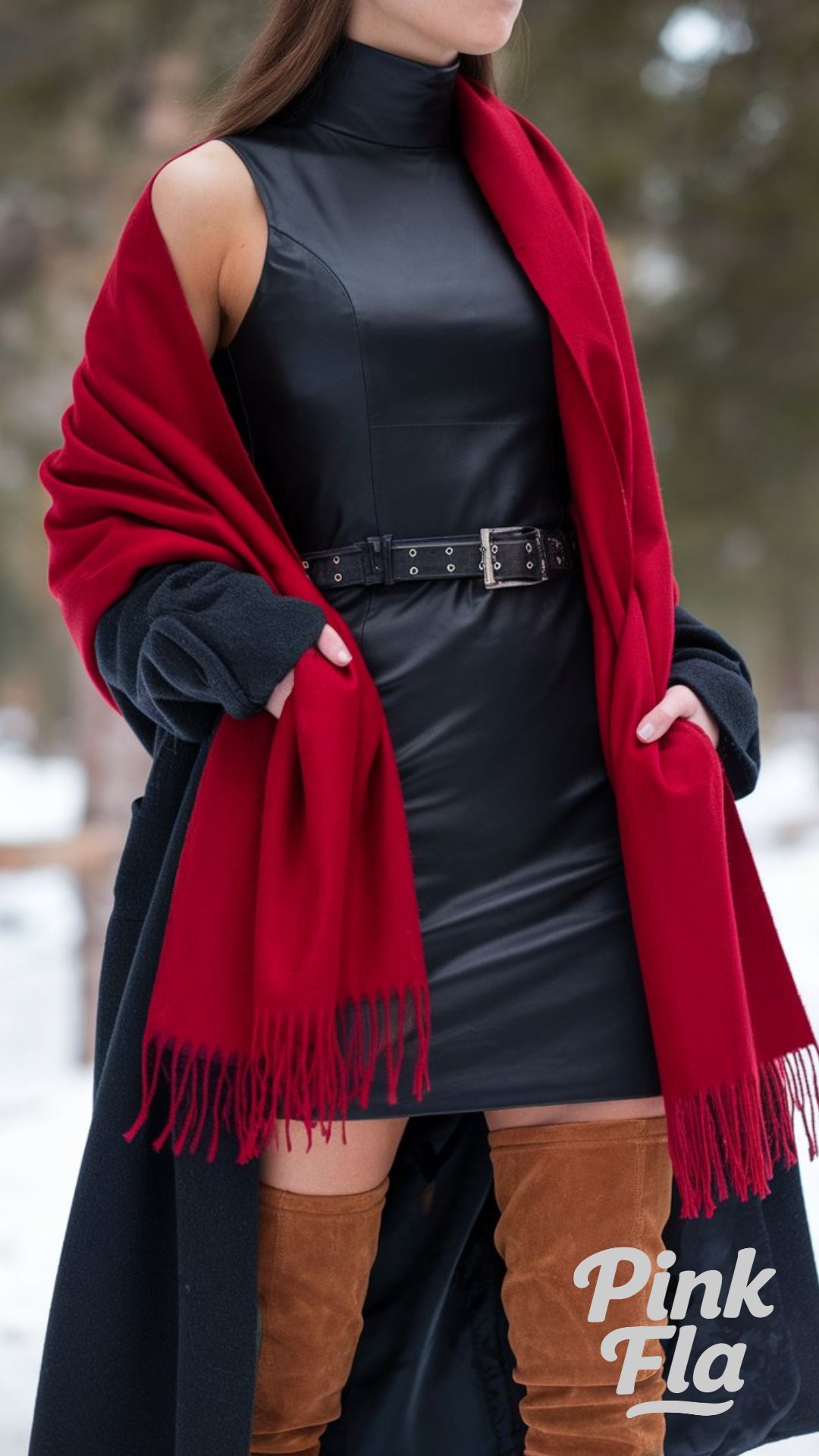Bold and Modern Winter Statement with Leather and Red Accents - Winter Outfits with Red Scarf
