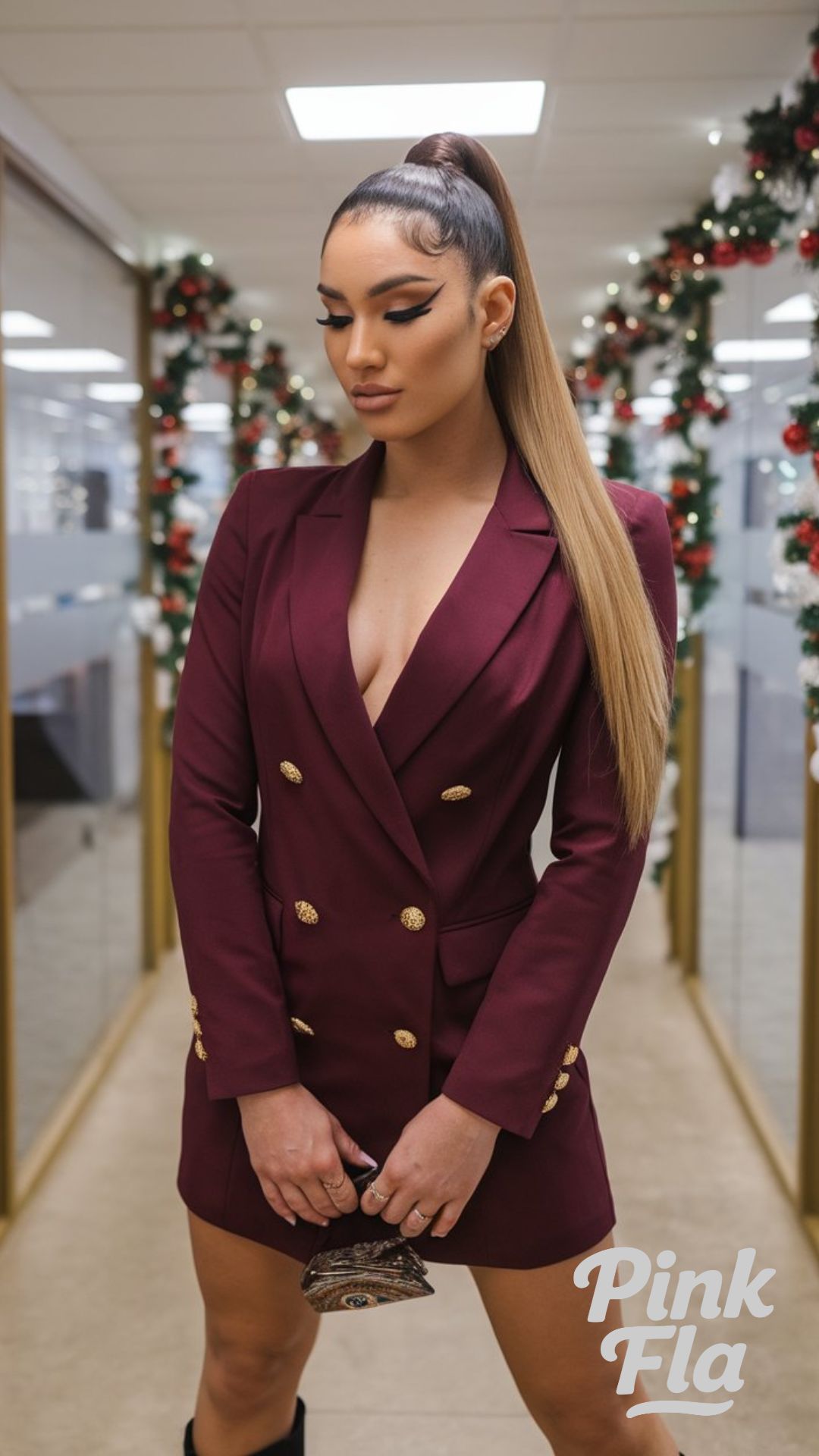 Burgundy Blazer Dress with Gold Buttons - Christmas office party outfit