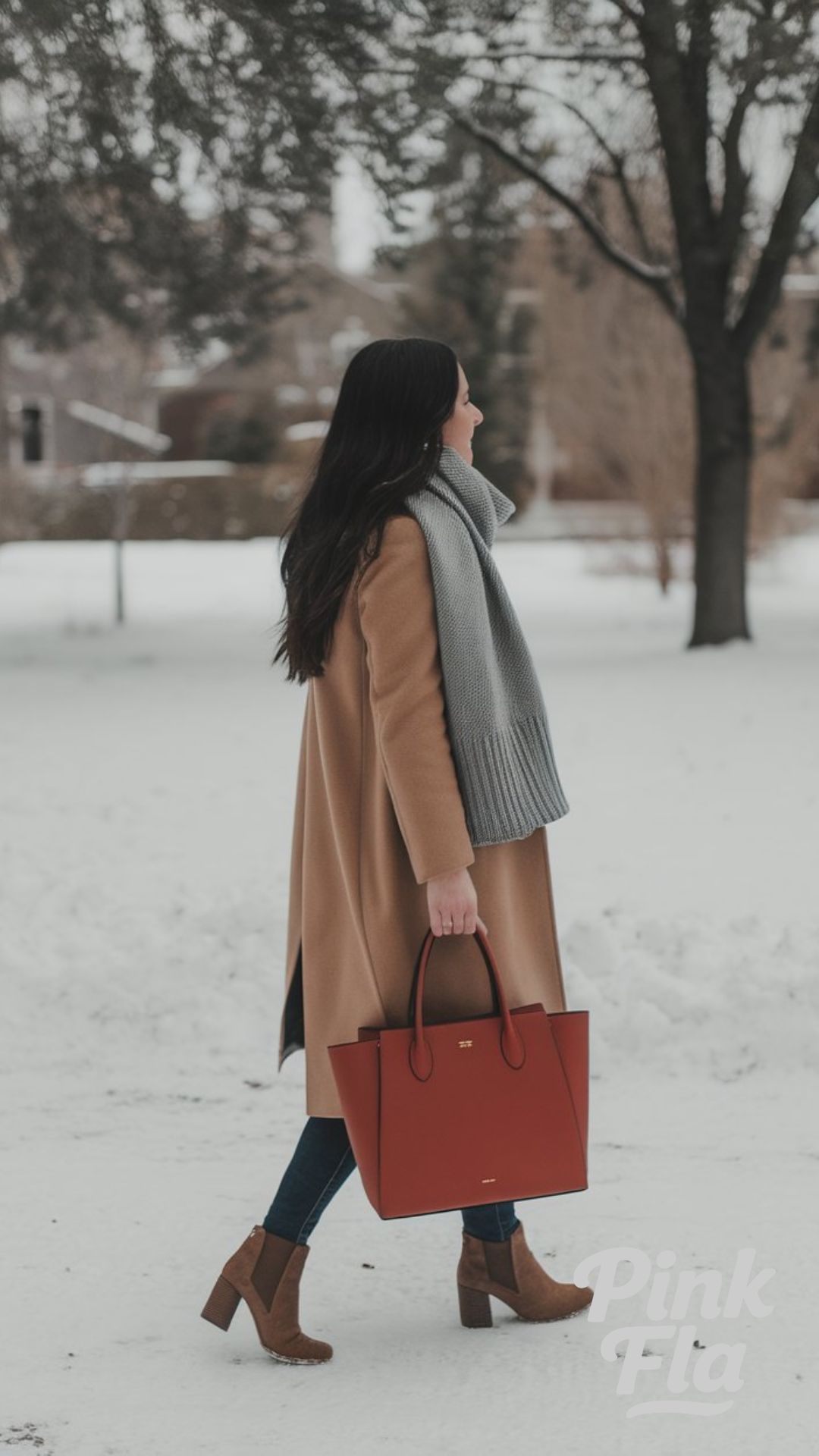 Camel Coat and Slim Jeans with a Cozy Red Pop - Winter Outfits with Red Bag