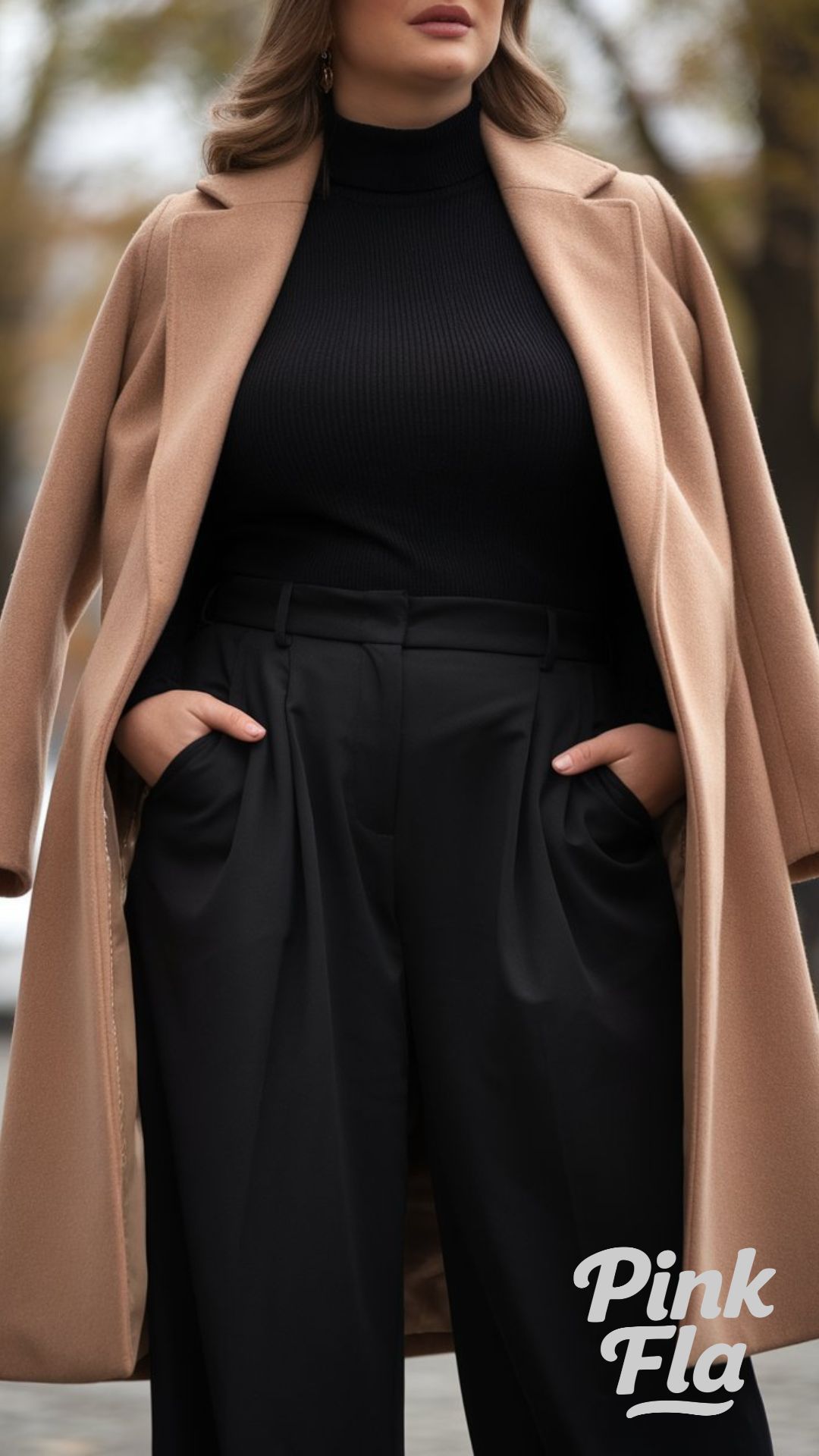 Camel Coat with Black Turtleneck- Plus Size Winter Outfits for Work