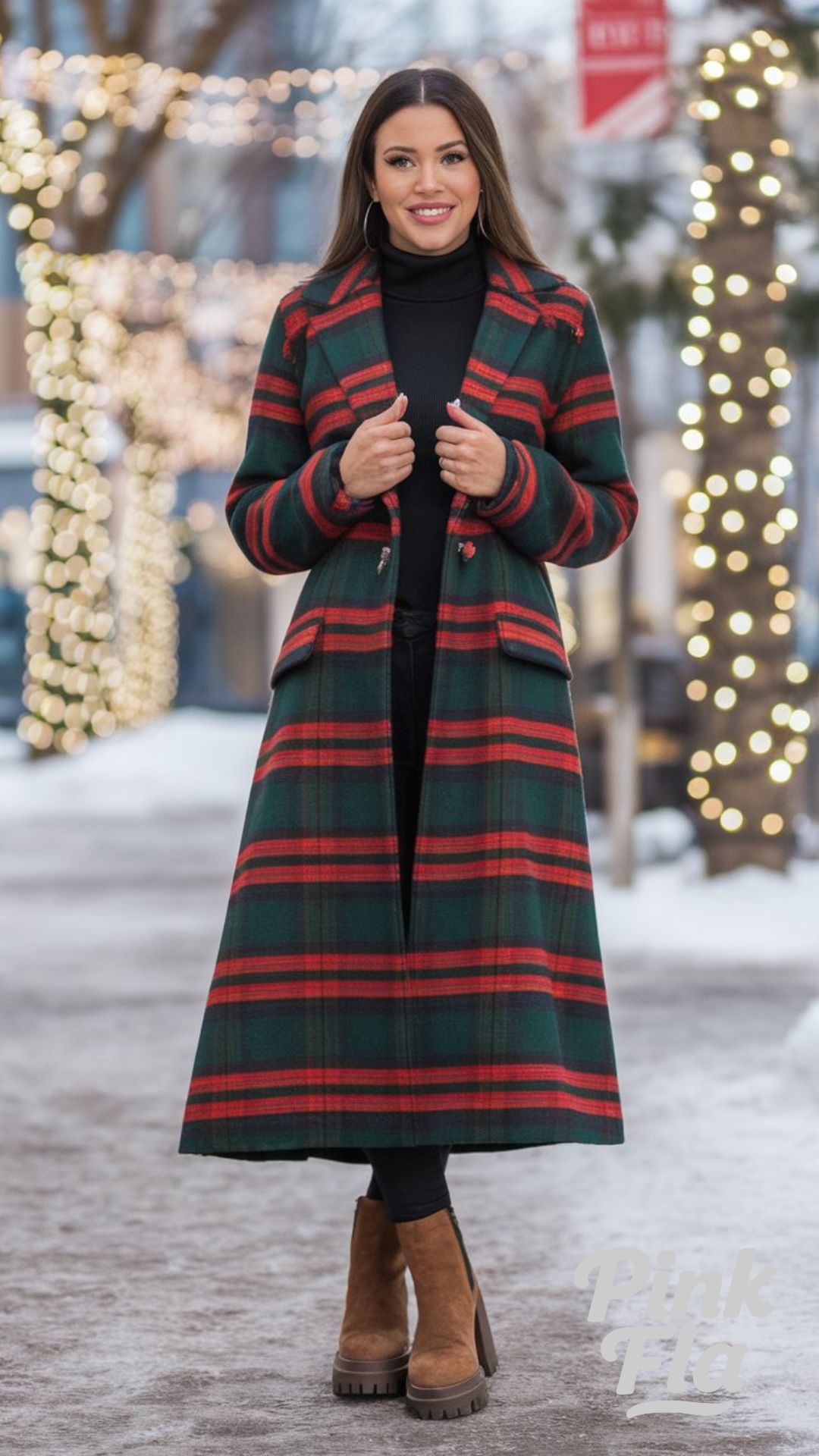 Classic Plaid Coat with Chunky Ankle Boots - Christmas Outfits with Ankle Boots