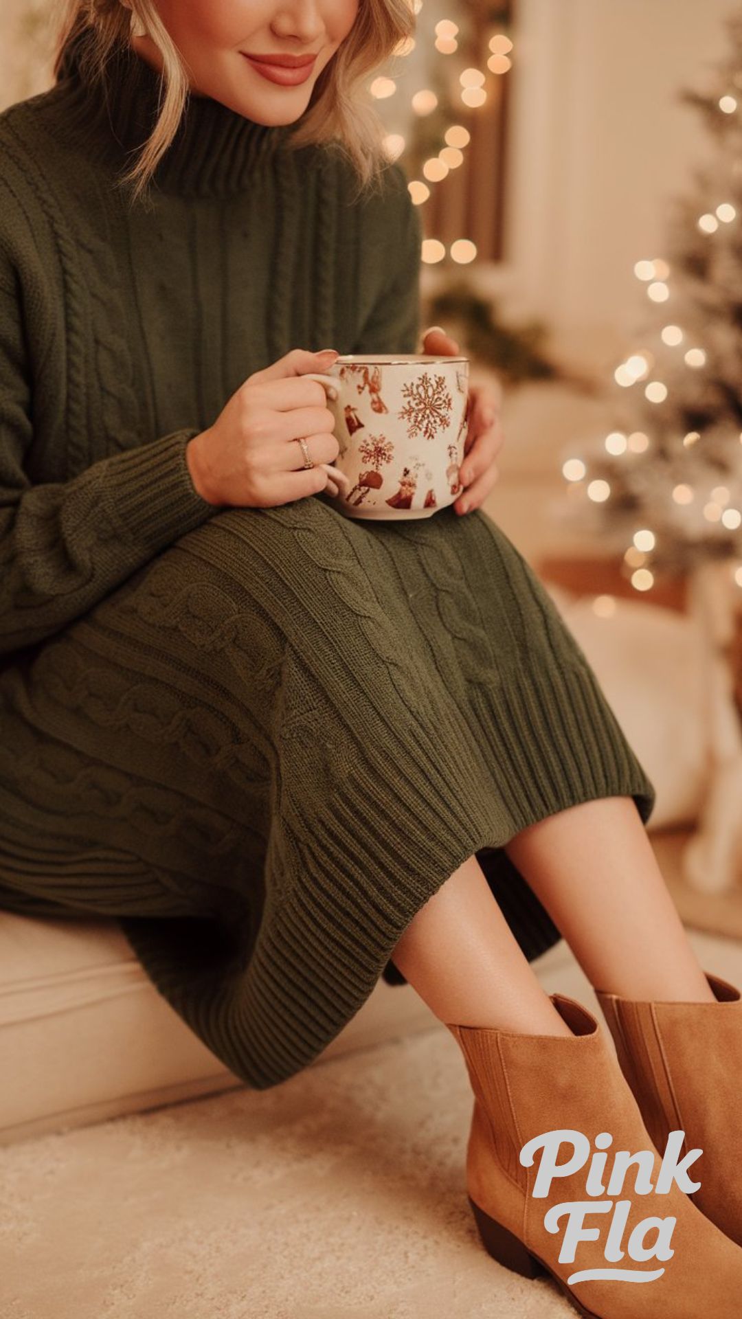 Cozy Cable Knit Dress Paired with Suede Ankle Boots - Christmas Outfits with Ankle Boots