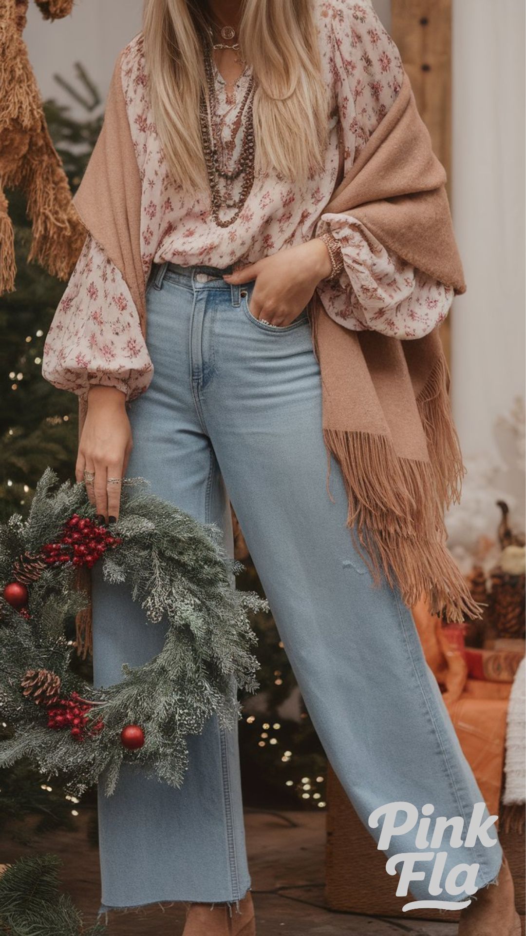 Cozy Holiday Layers with Floral and Fringe Accents - Christmas Outfits with Jeans