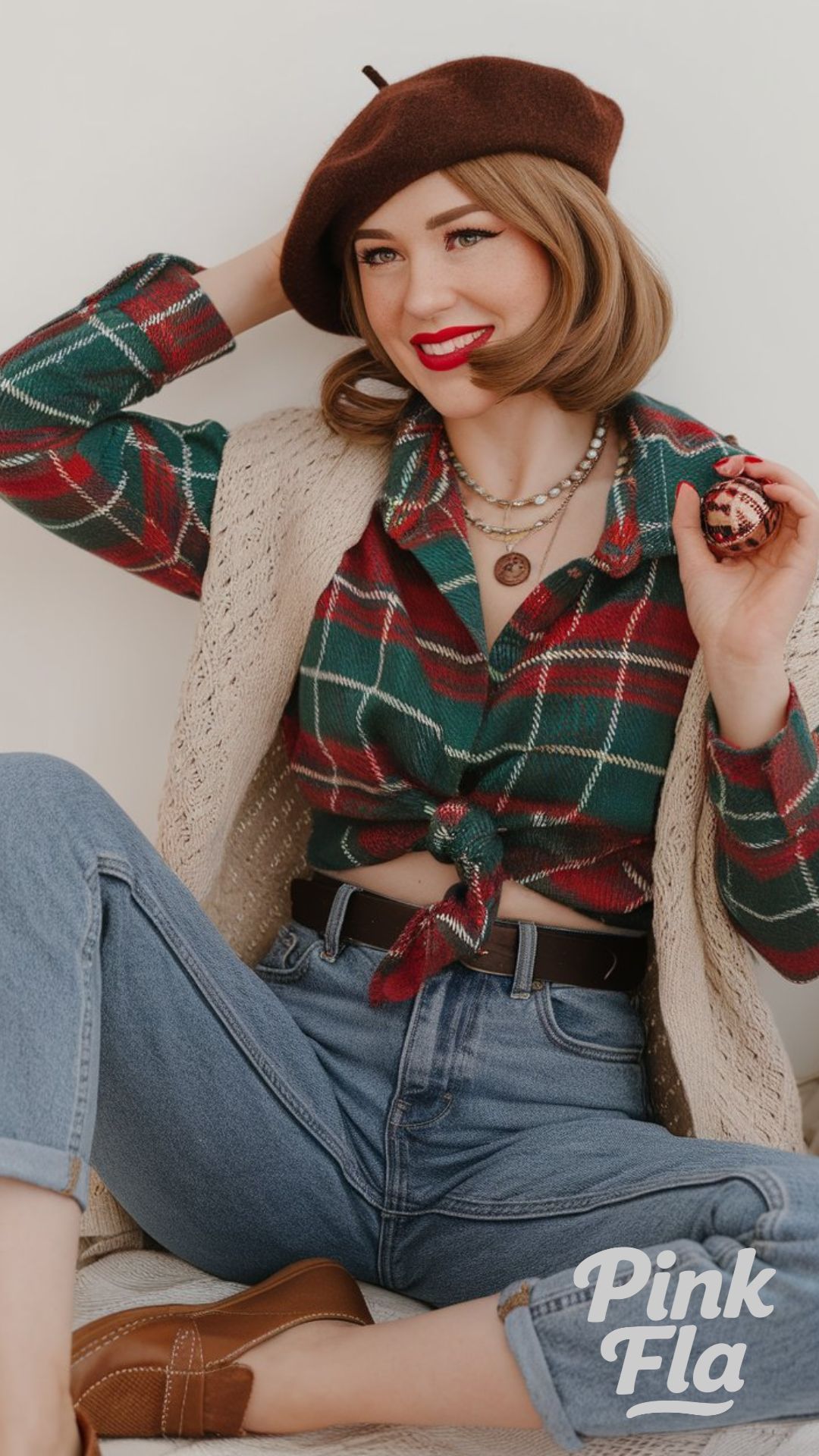 Cozy Plaid Layers with Vintage-Inspired Charm - Christmas Outfits with Jeans