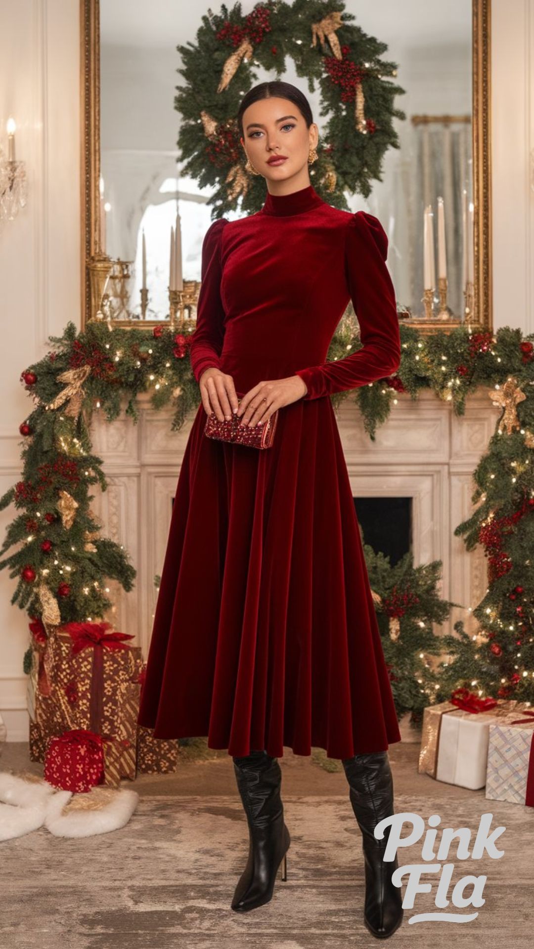 Elegant Velvet Dress with Black Boots - Christmas Outfits with Boots
