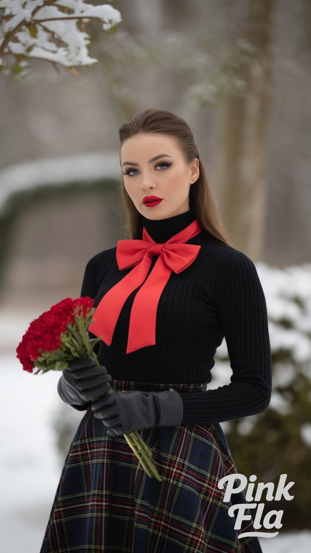 Festive Flair with a Red Bow and Plaid Skirt - Winter Outfits with Red Scarf