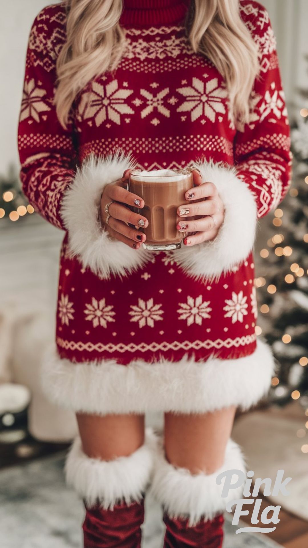 Festive Red Sweater Dress with Faux Fur Trim - Christmas Outfits with Boots