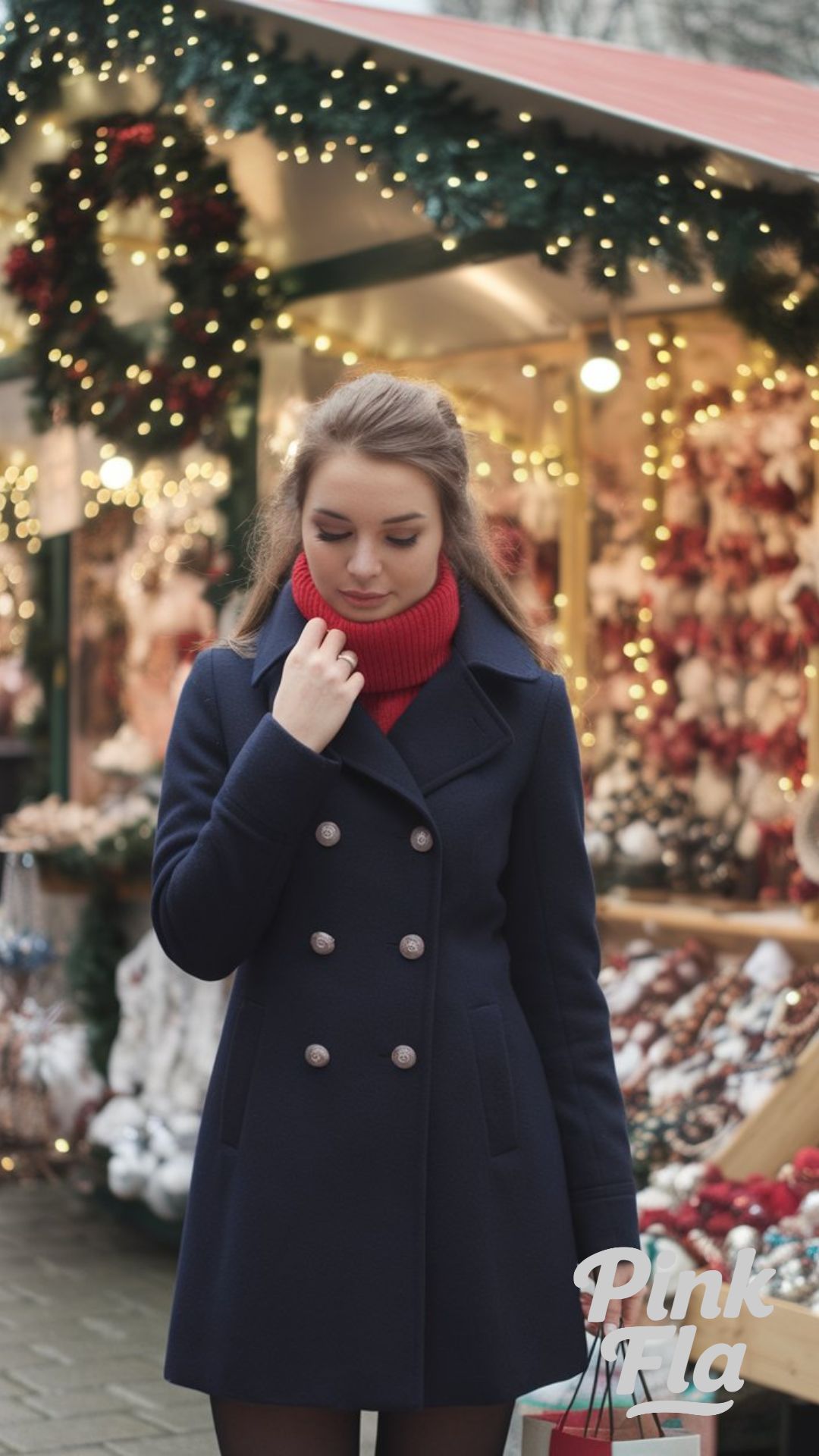 Festive Winter Market Look with a Red Scarf and Navy Coat - Winter Outfits with Red Scarf