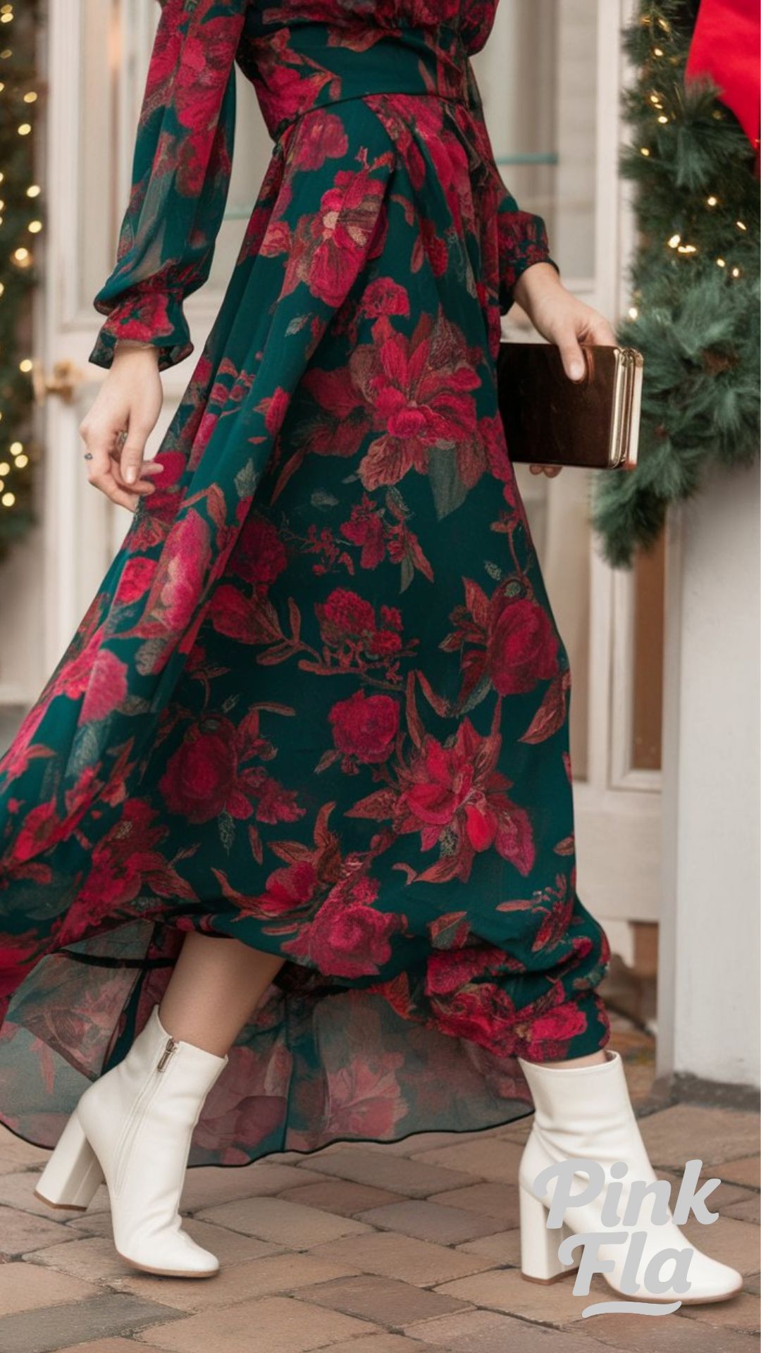 Flowing Floral Maxi Dress with White Ankle Boots - Christmas Outfits with Ankle Boots