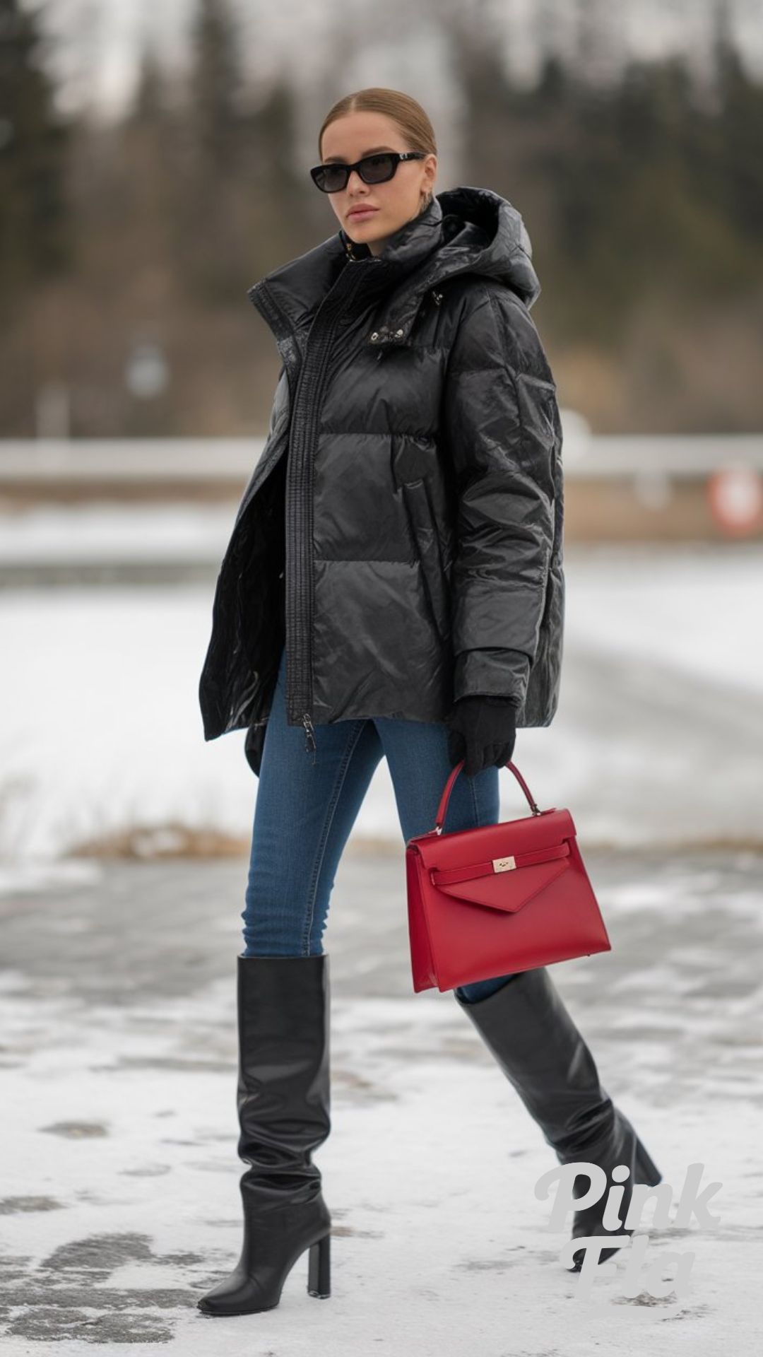 Glossy Black Puffer with a Red Handbag for Sleek Urban Style - Winter Outfits with Red Bag