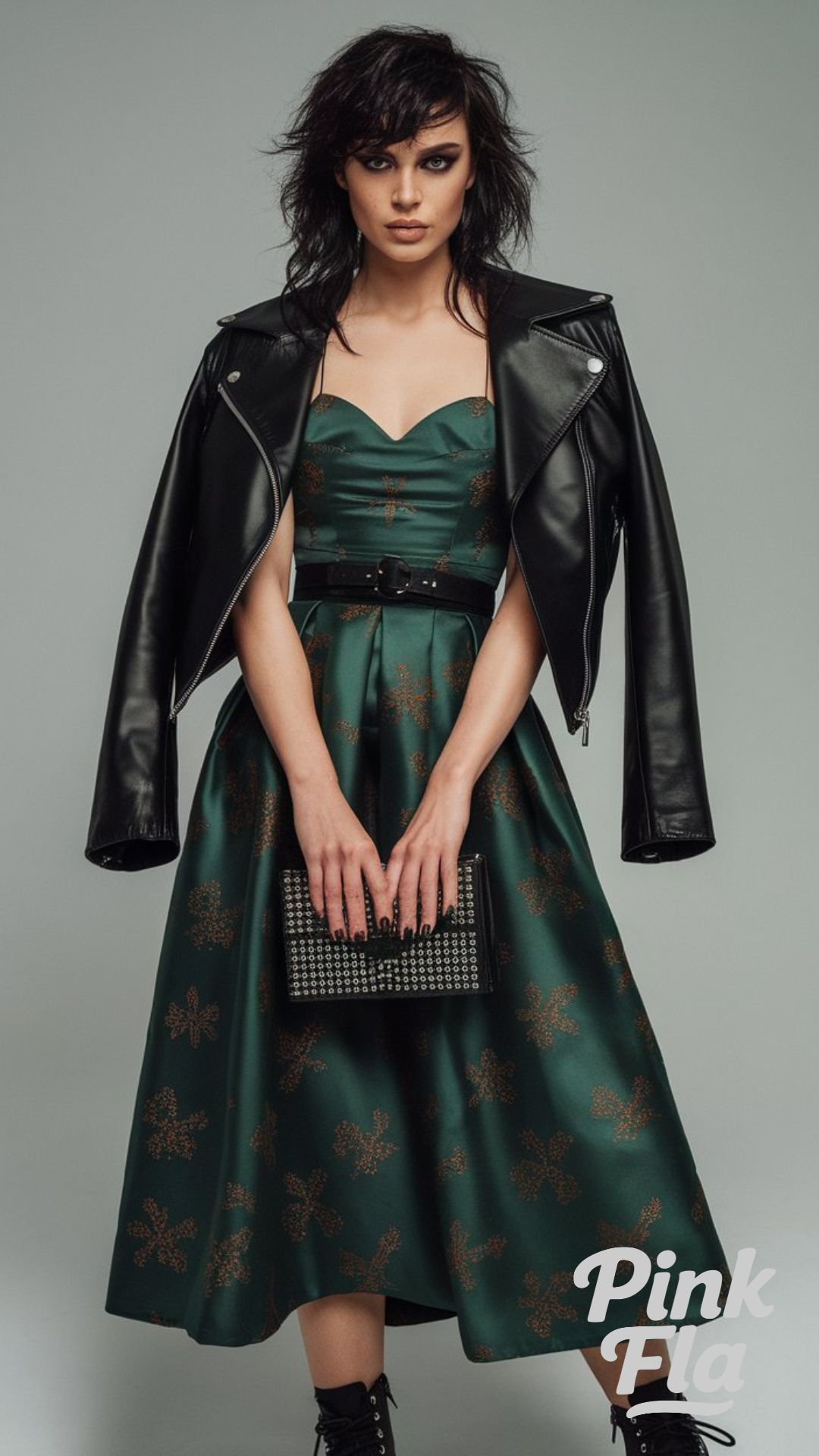 Green Strapless Dress with Leather Jacket - Christmas Outfits with Boots