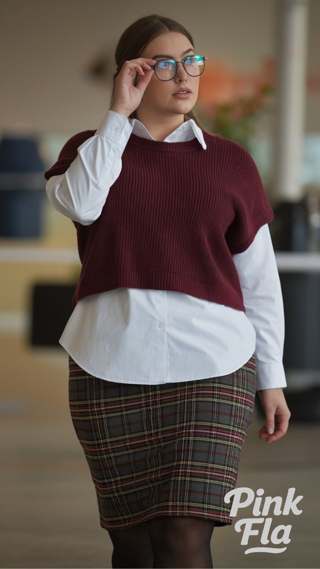 Layered Knit Vest with Plaid Skirt- Plus Size Winter Outfits for Work
