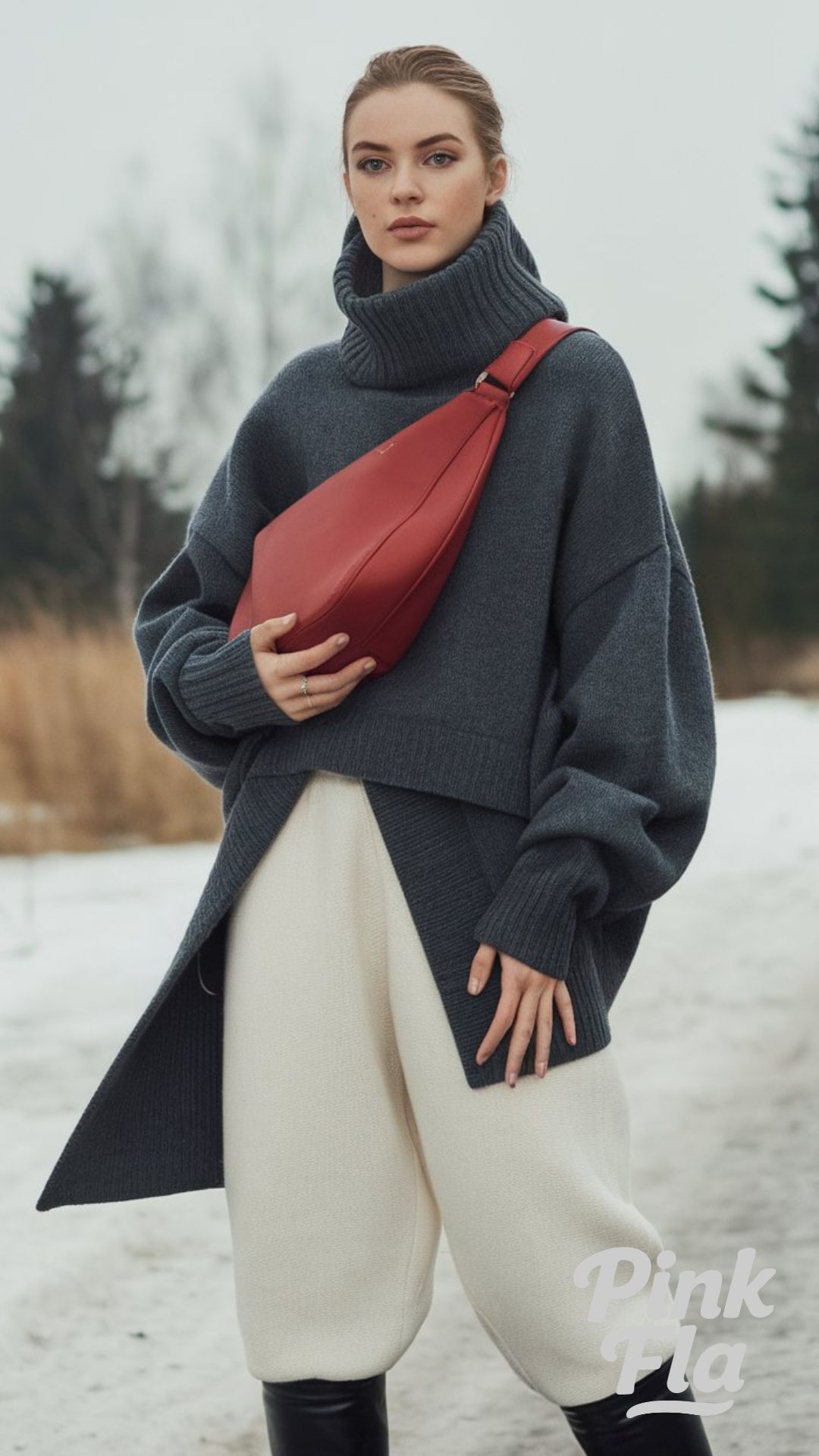 Layered Winter Comfort with a Pop of Red - Winter Outfits with Red Bag